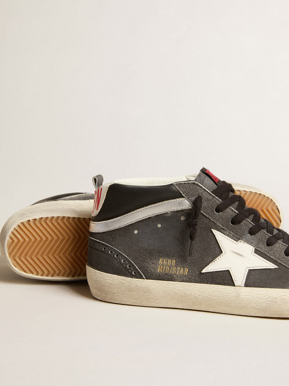 Mid Star in black suede with white leather star and silver flash - 3