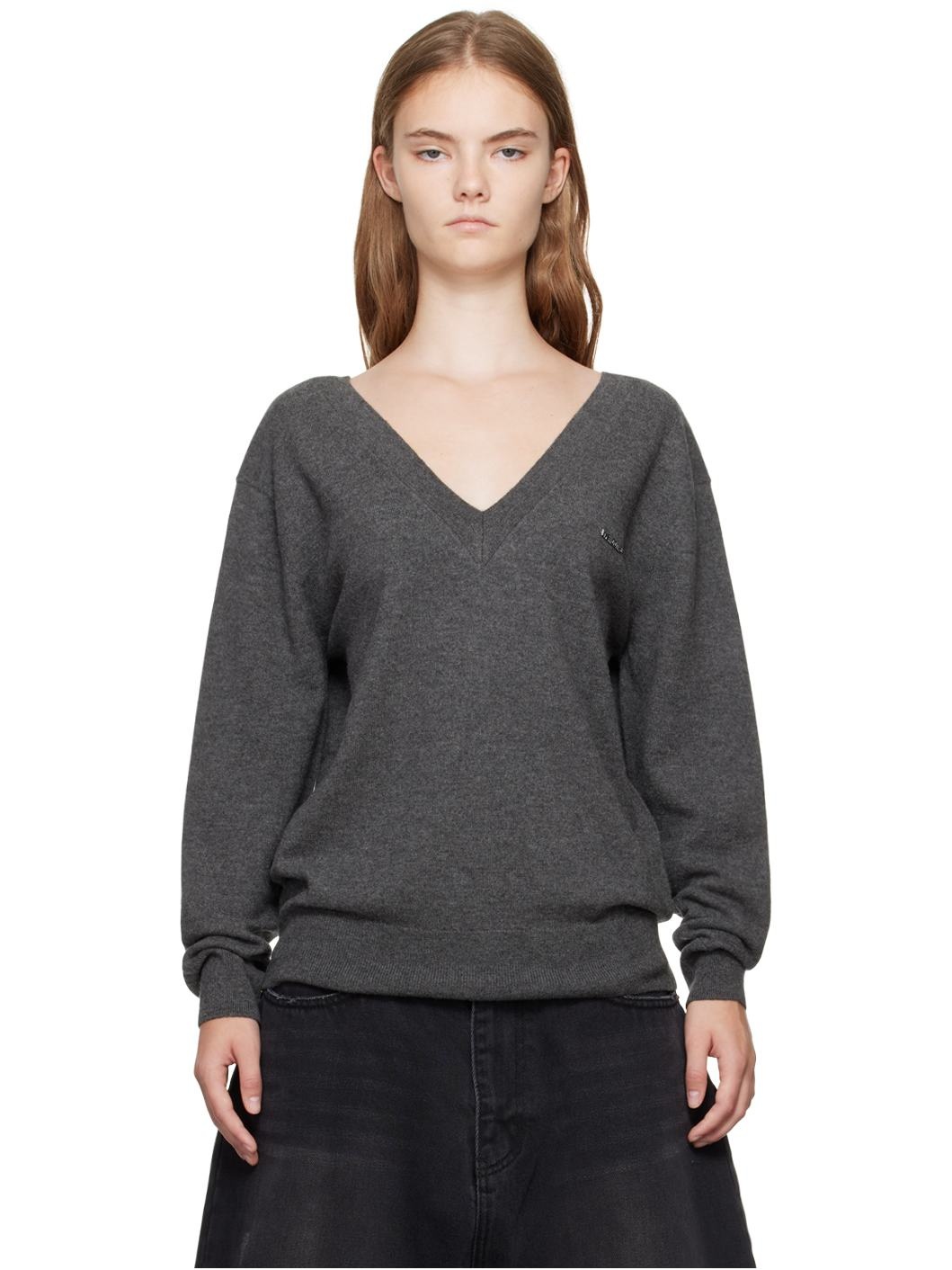Gray Deep V-Neck Sweater - 1