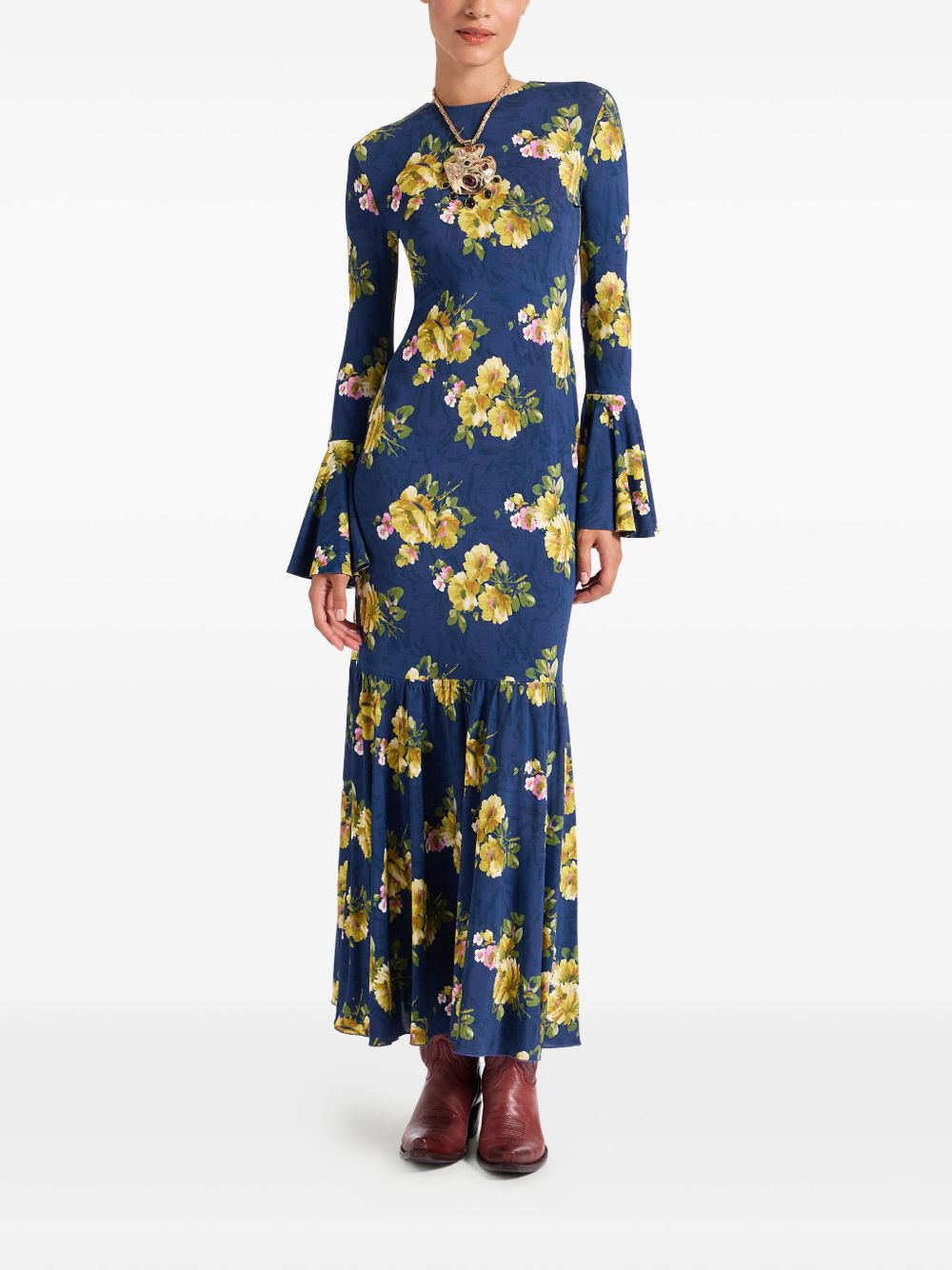 floral bell-sleeve midi dress - 2