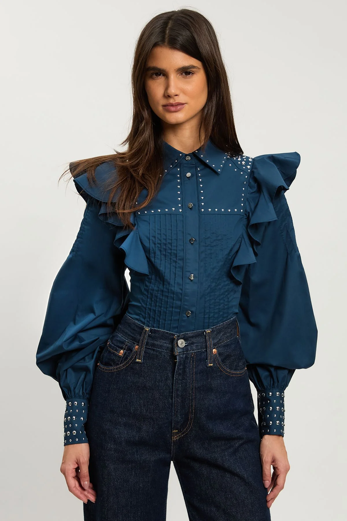 Petite Cotton Sateen Drama Sleeve Studded Woven Maxi Shirt - 1