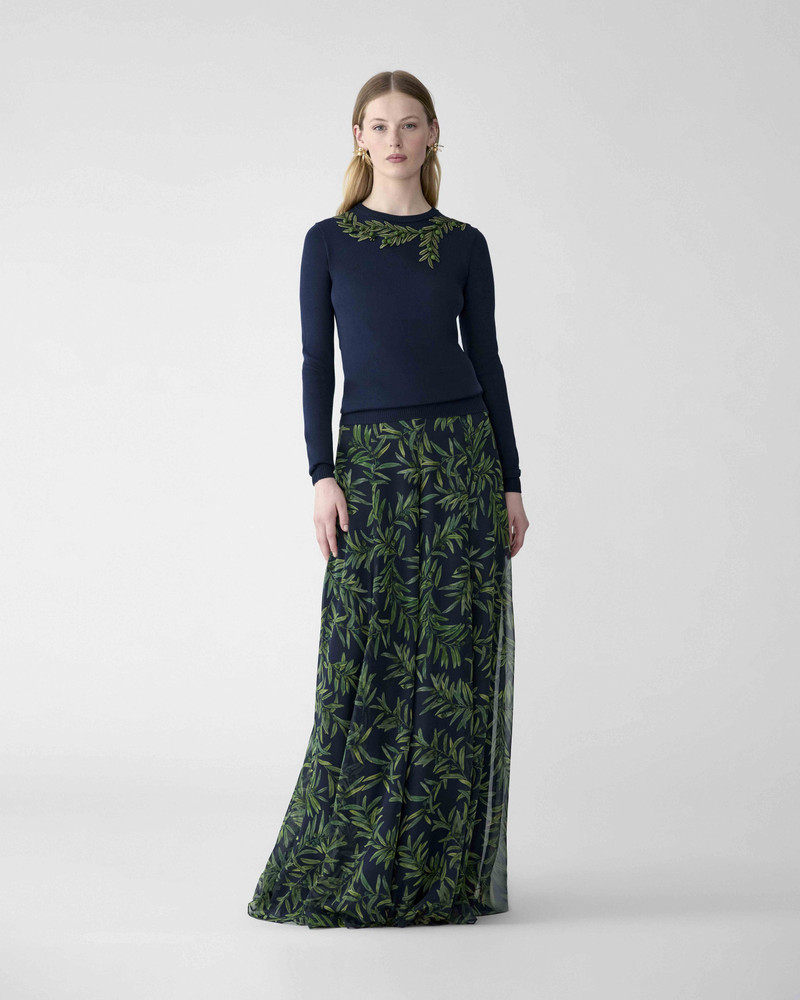 CAROLINA HERRERA Olive Branch-Print Extra-Wide Leg Iris Pants outlook