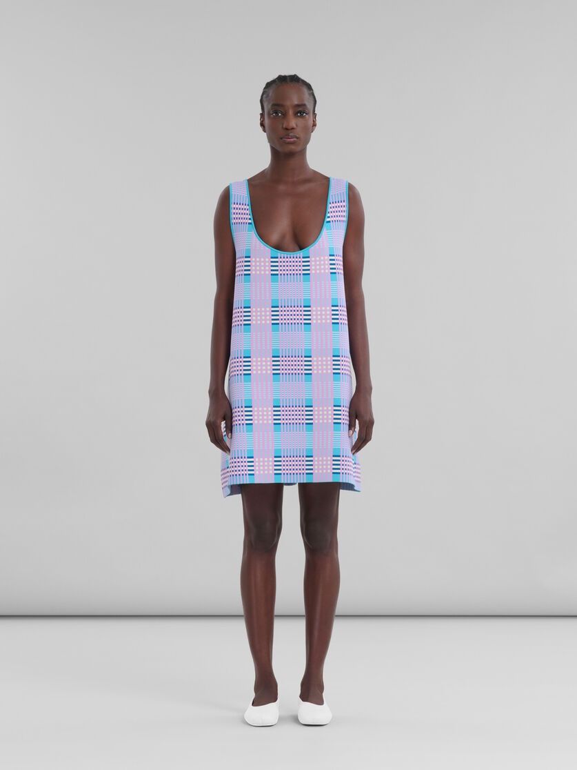PINK AND BLUE CHECKED TECHNO KNIT A-LINE DRESS - 2
