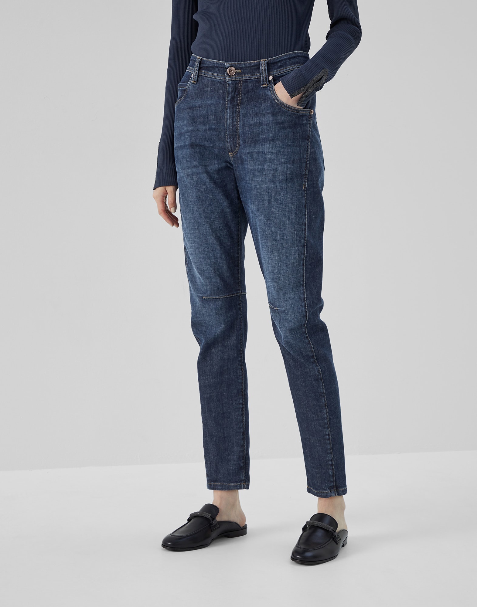 Comfort denim slim tapered trousers with shiny bartack - 1