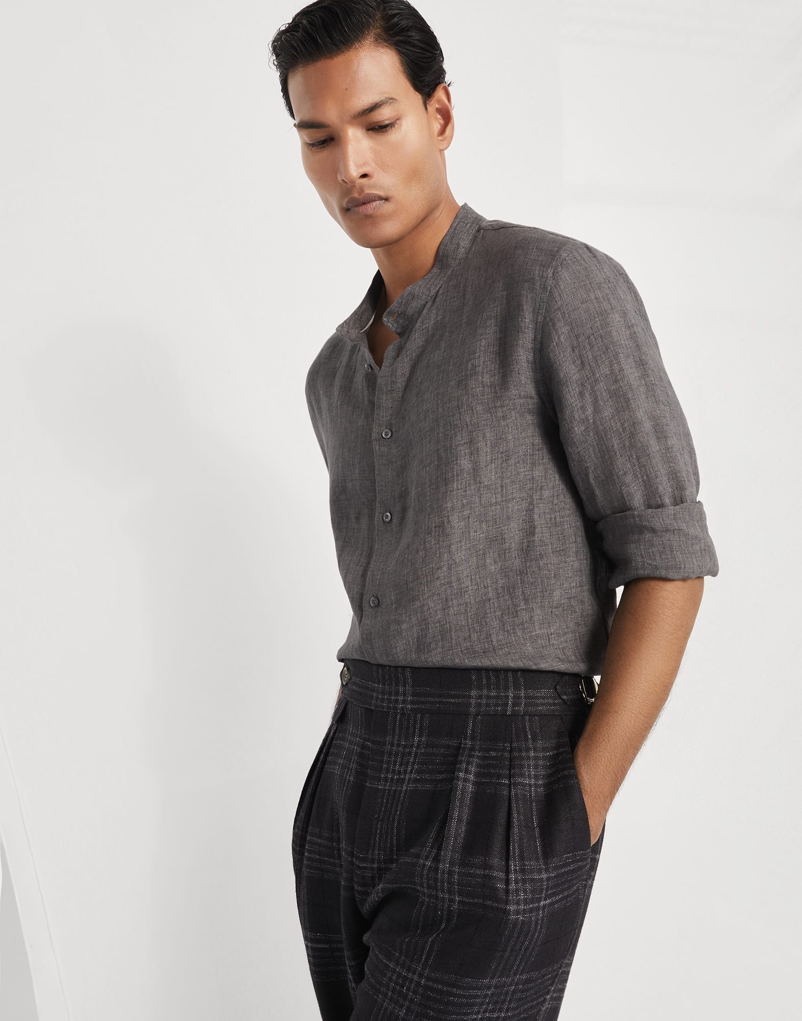 Linen easy fit shirt with Mandarin collar - 4