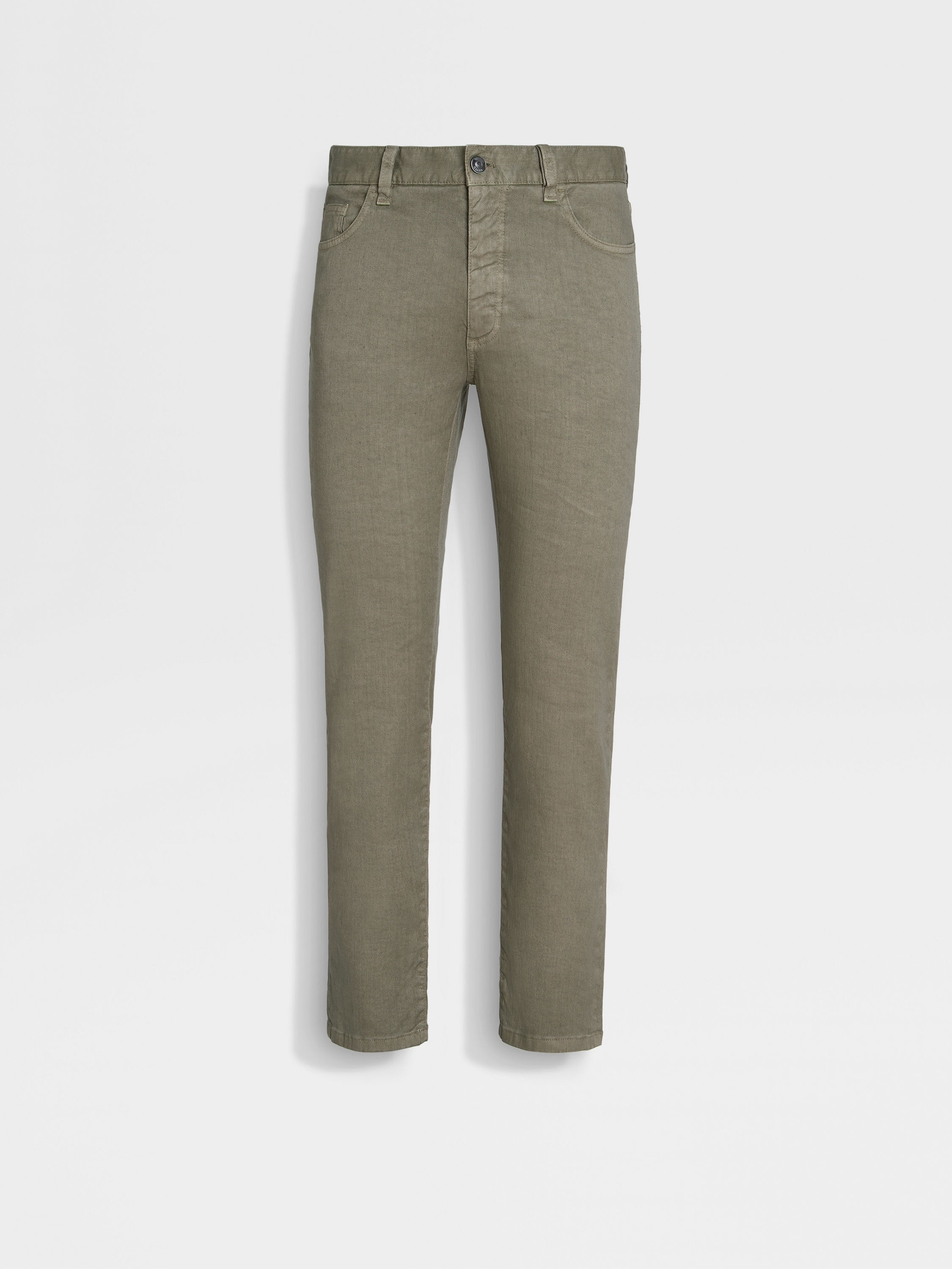 OLIVE GREEN STRETCH LINEN AND COTTON ROCCIA JEANS - 1