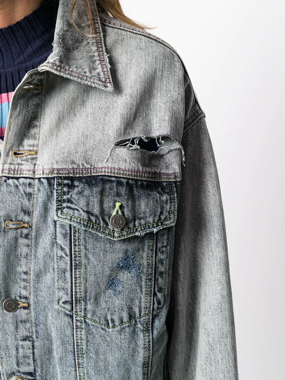 two-tone distressed denim jacket  - 5