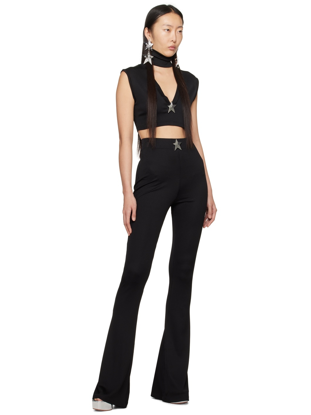 Embellished ribbed-jersey bootcut pants