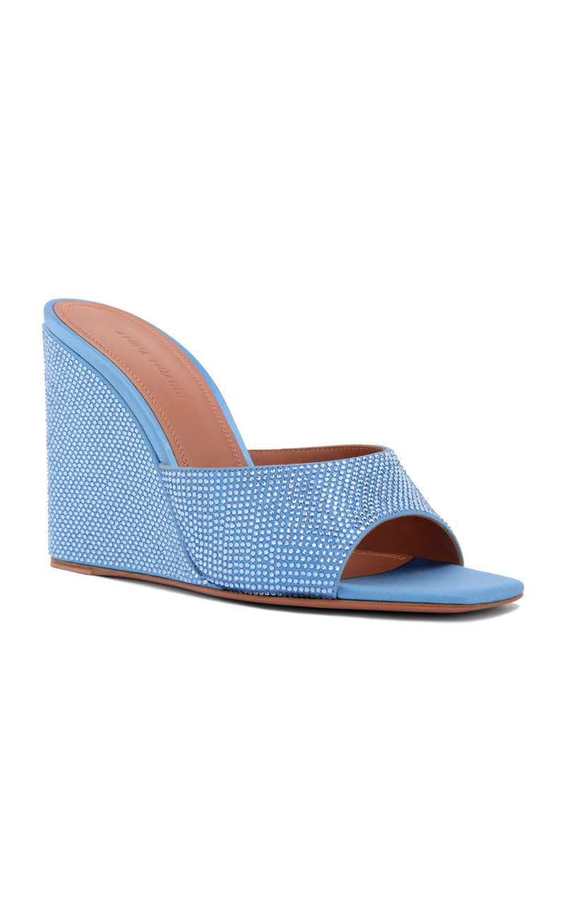 Amina Muaddi Lupita Crystal-Embellished Satin Wedge Sandals blue outlook