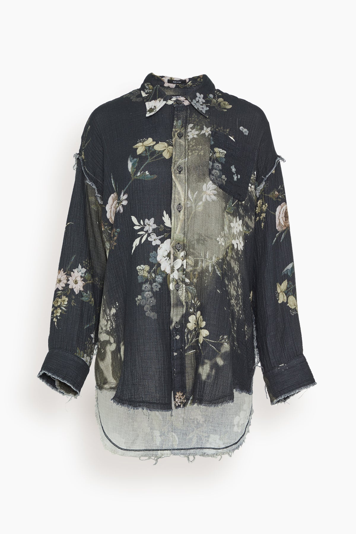 Shredded Seam Drop Neck Shirt in Black Bleached Floral - 1