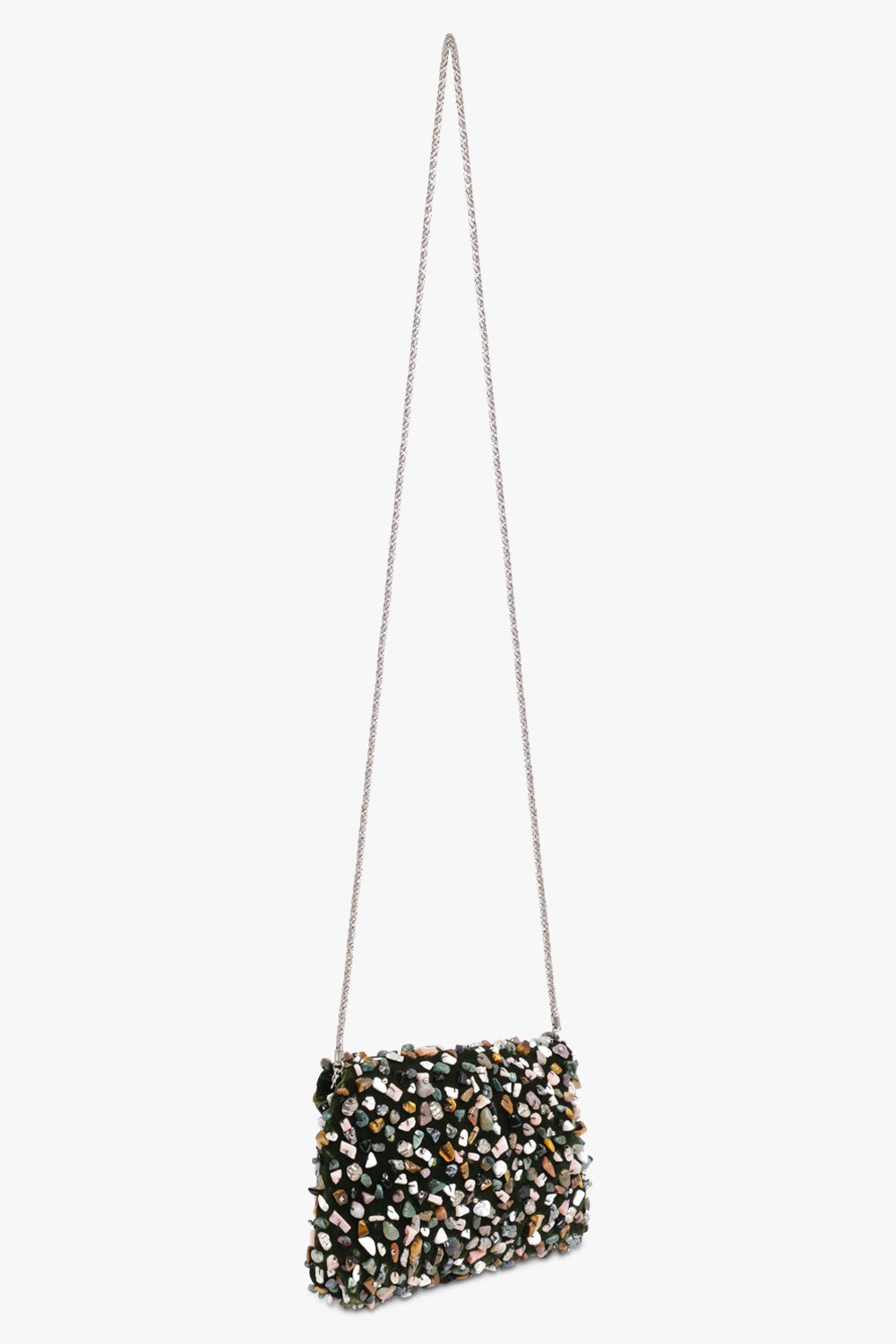 STONE EMBELLISHED SMALL ENVELOPE CLUTCH WITH DETACHABLE CHAIN | OLIVE/MULTI - 2