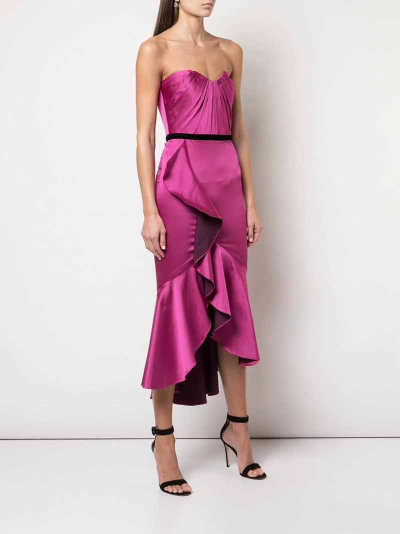 Marchesa DRAPED HI-LOW RUFFLE COCKTAIL MIDI DRESS outlook