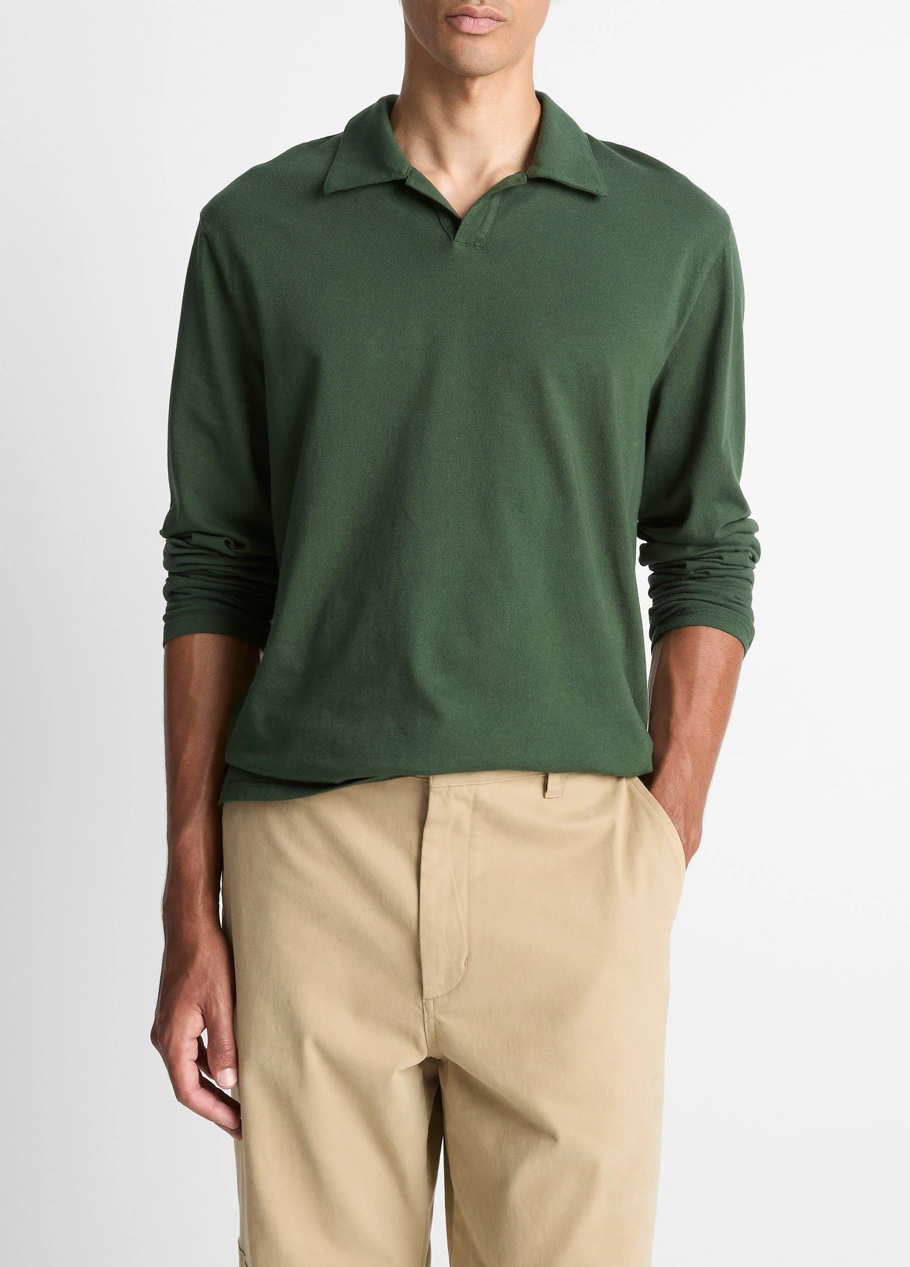 Garment Dye Cotton Johnny-Collar Polo Shirt - 1