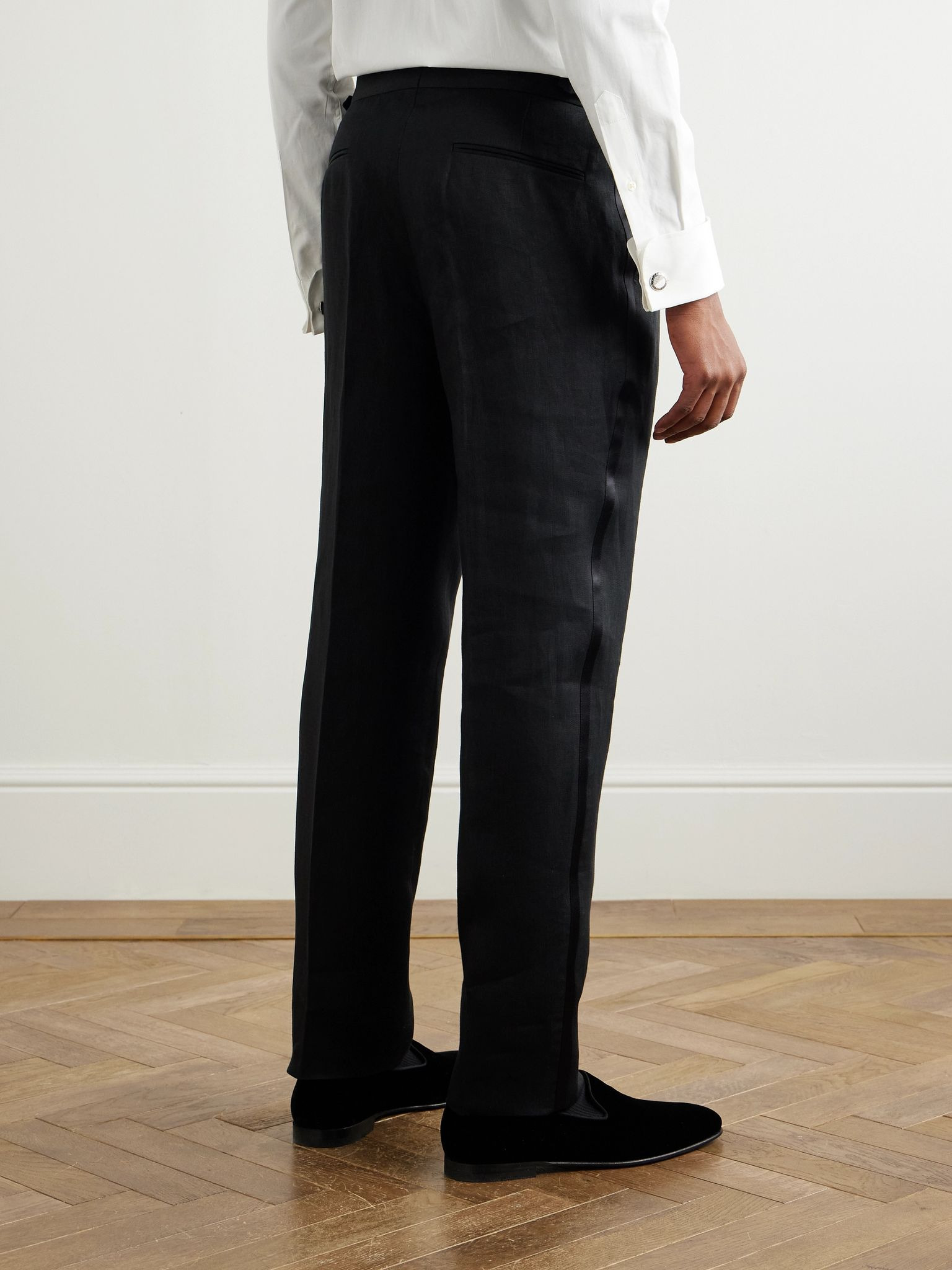 Tapered Pleated Cotton and Silk-Blend Satin-Trimmed Linen Tuxedo Trousers Black - 4