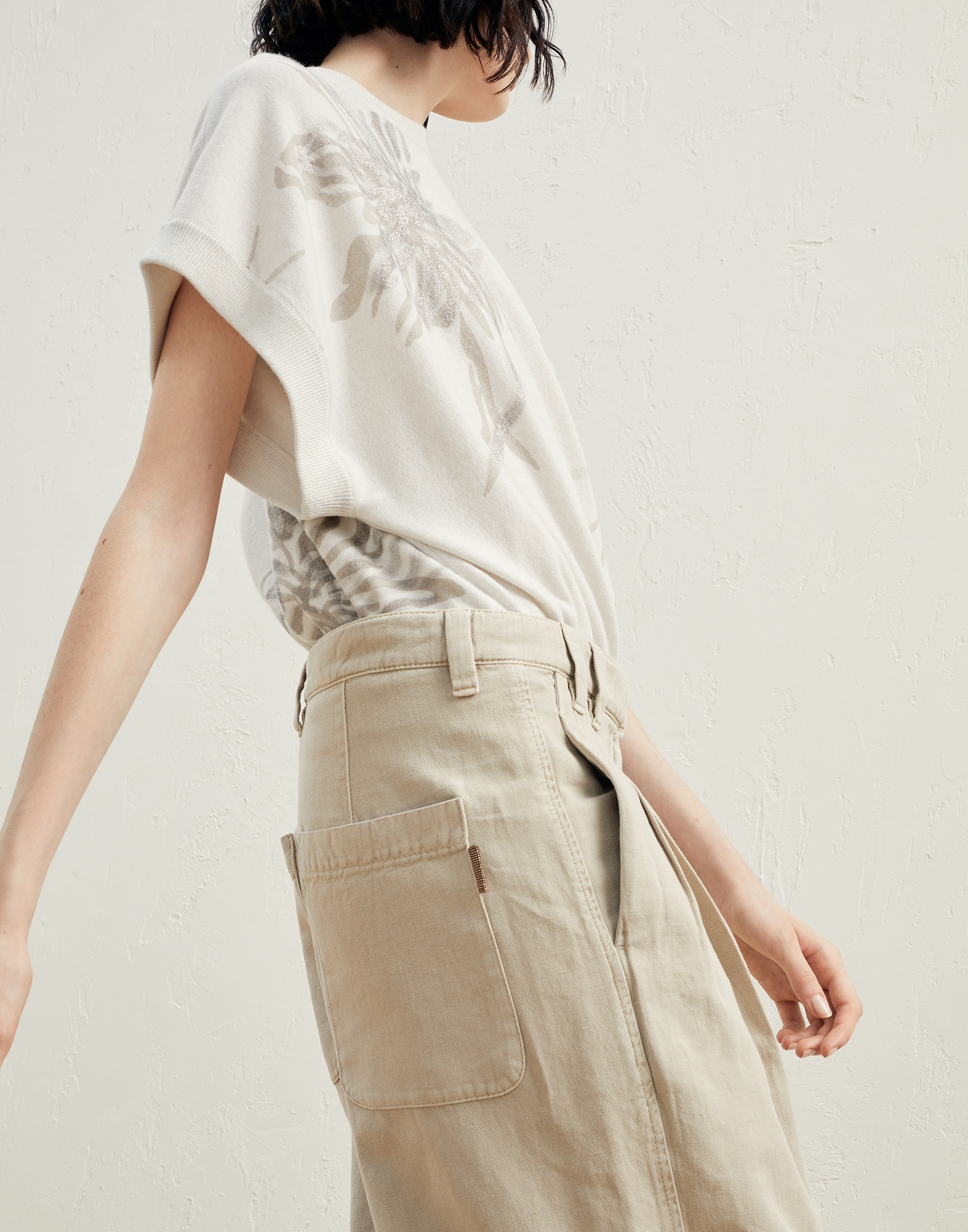 Garment-dyed wide trousers in cotton and linen cover with shiny tab - 3