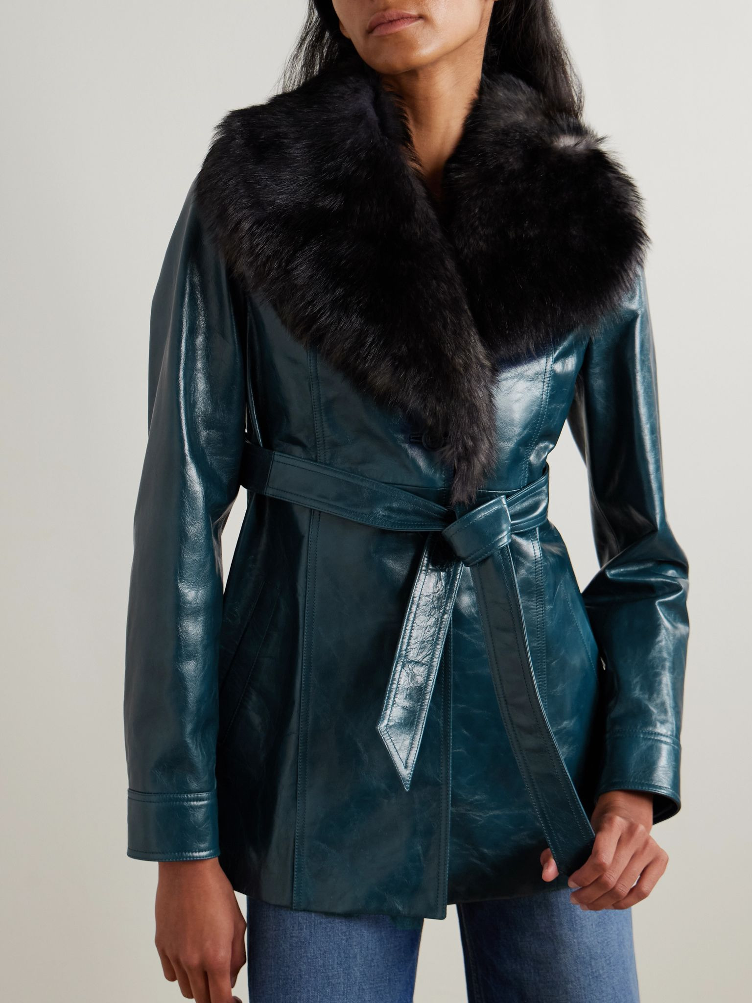 Belted shearling-trimmed paneled textured-leather jacket Blue - 3