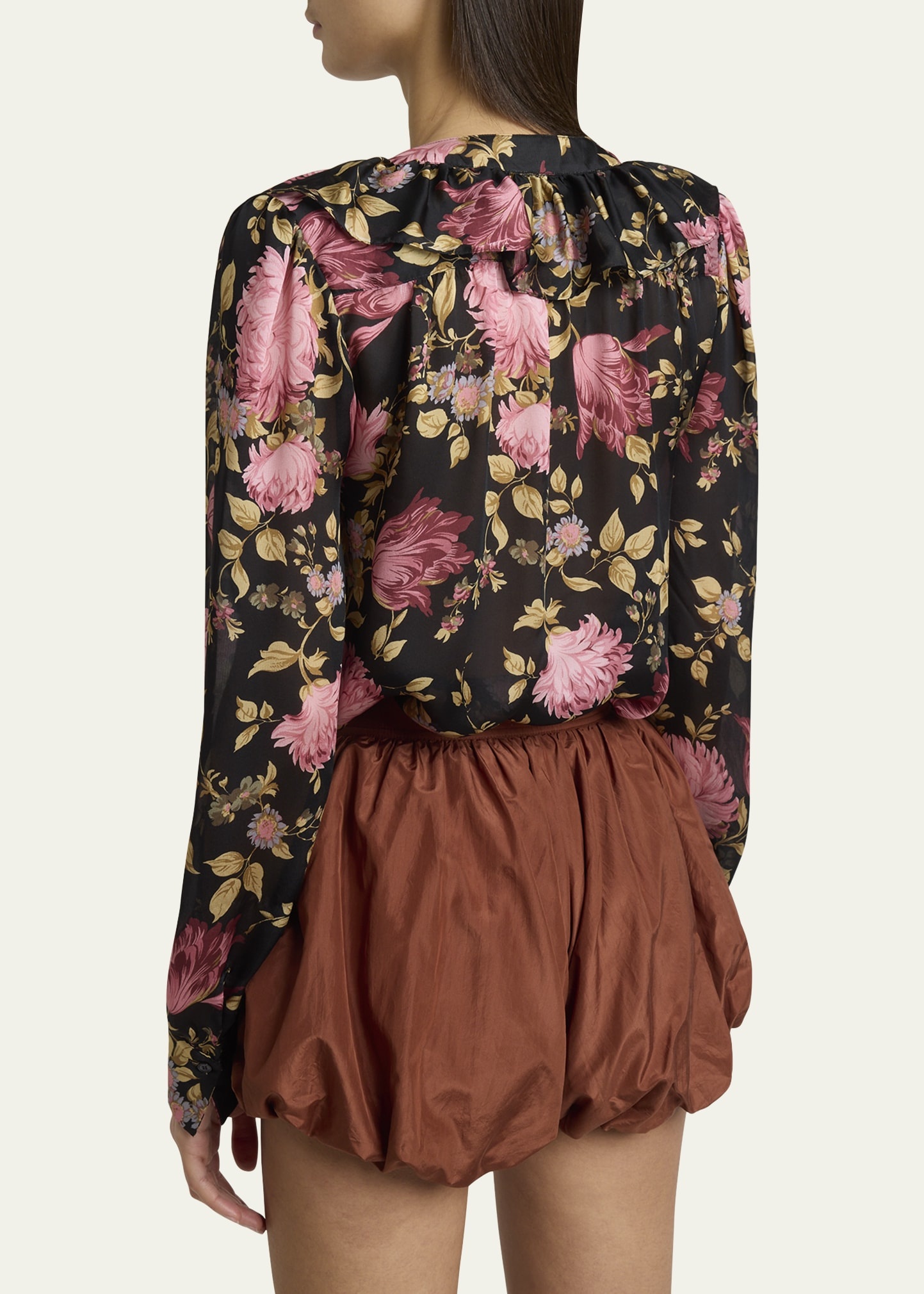 Floral Ruffle-Trim Button Down Silk Top - 3