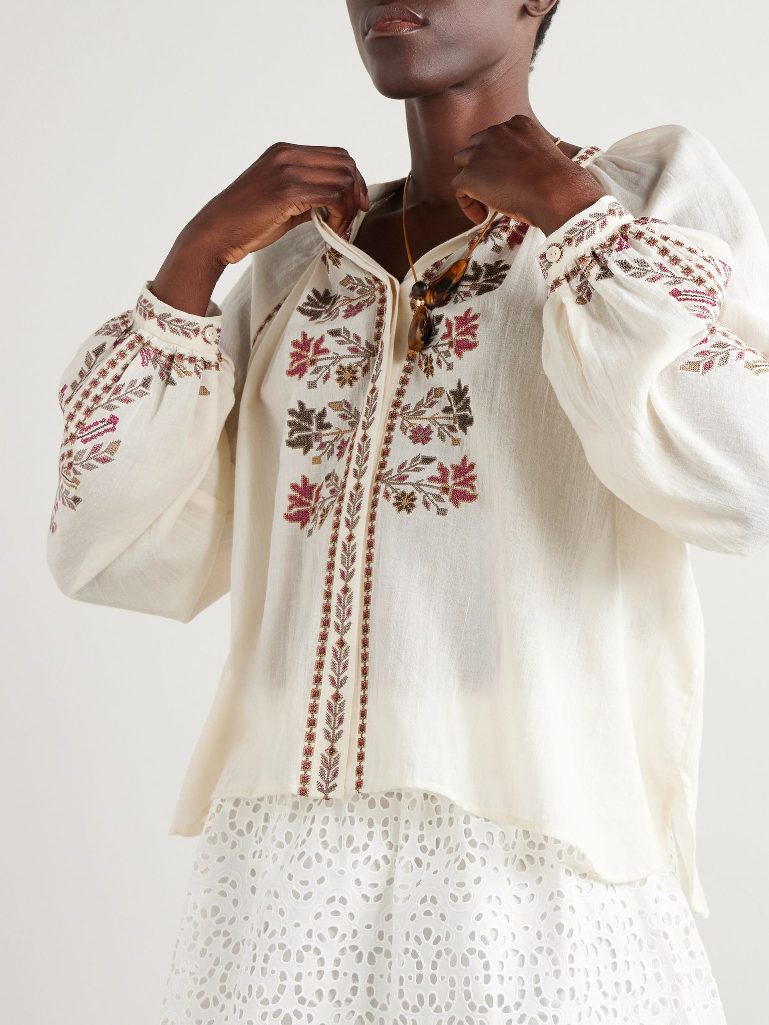 Lynne embroidered cotton-gauze blouse Ecru - 3