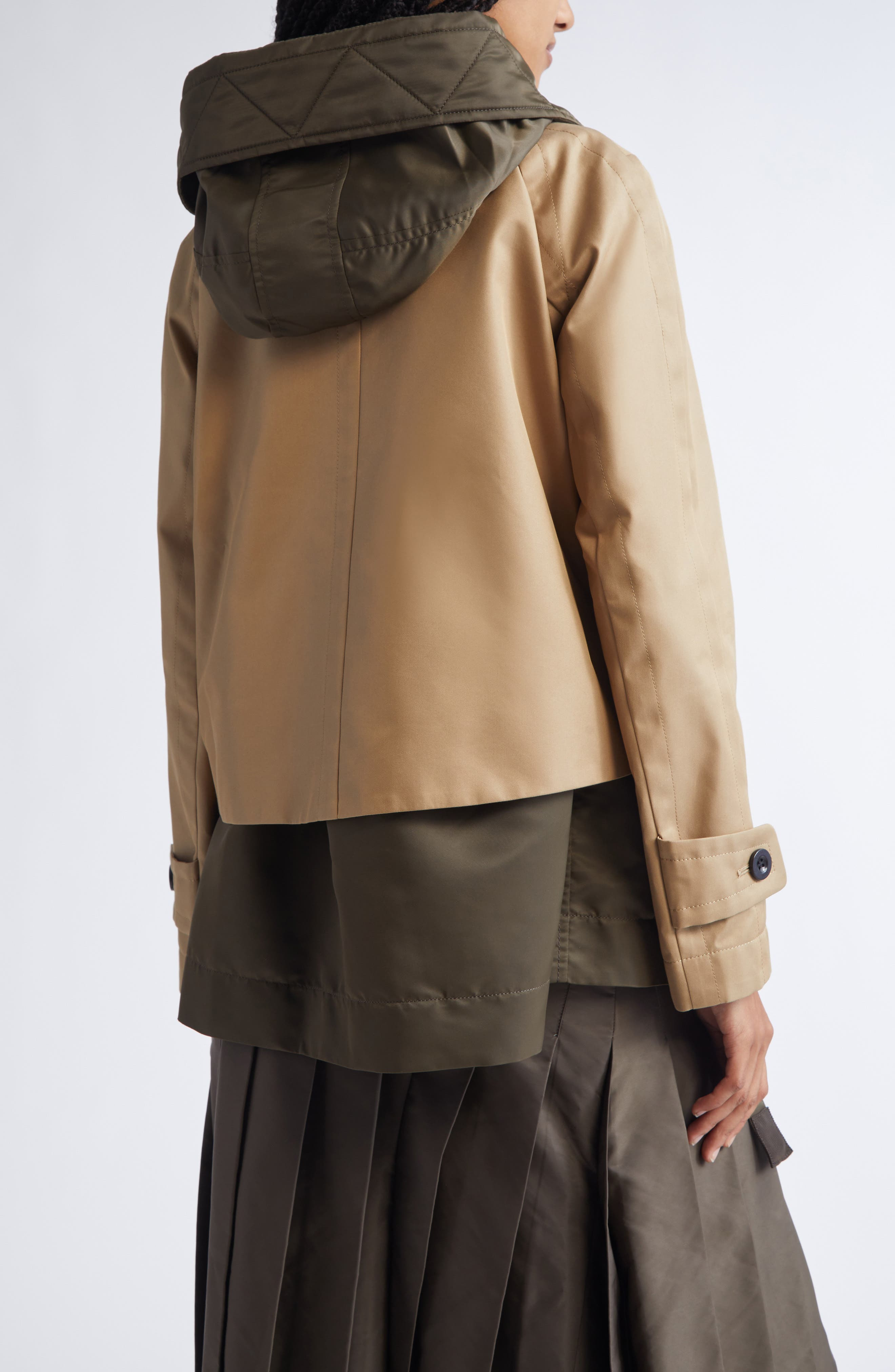 Sacai Hooded Mixed Media Jacket in Beige/Dark Khaki at Nordstrom - 3