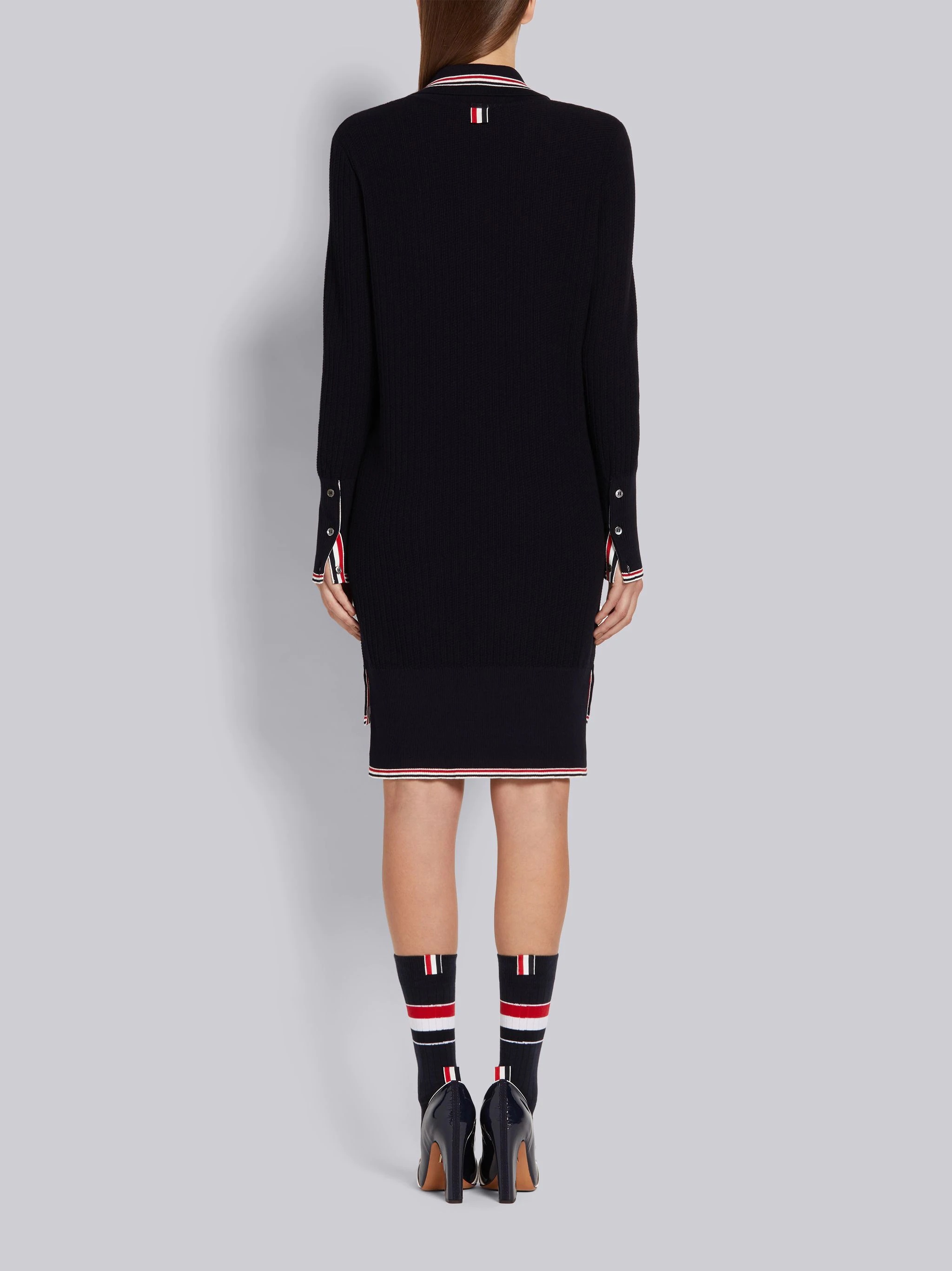 Navy Overtwisted Cotton Textured Stitch Stripe Long-sleeved Polo Dress - 3