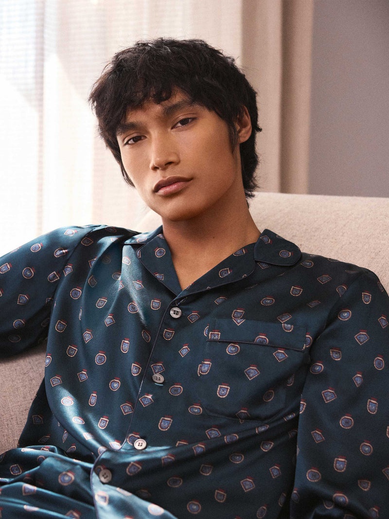 Men's Pajamas Silk Satin Green Badge Print - 2