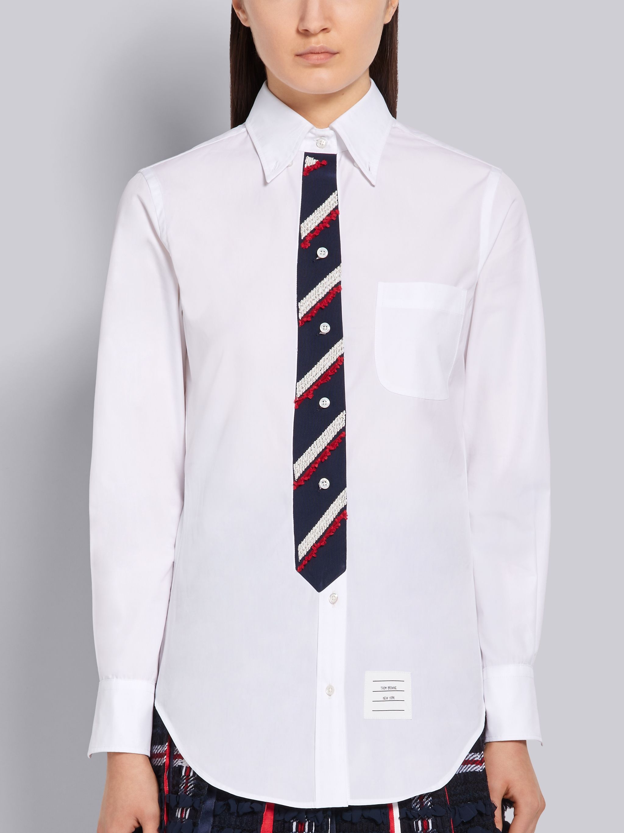 White Cotton Poplin Trompe L'Oeil Necktie Embroidered Classic Shirt - 3