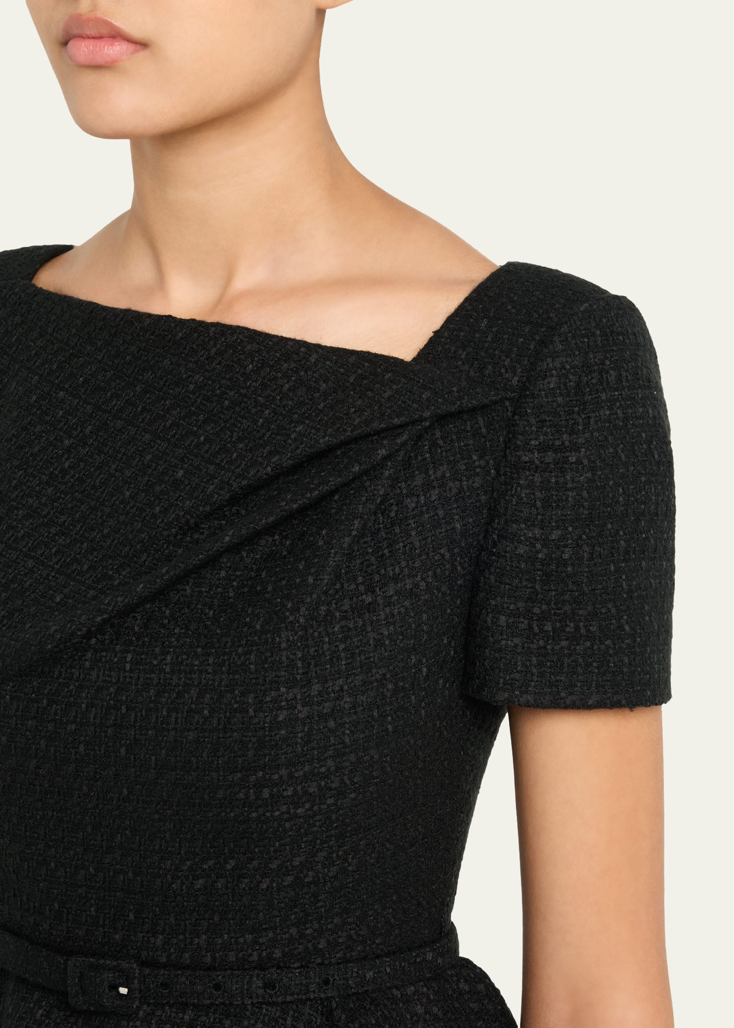 Asymmetric Twist Boucle Belted Peplum Midi Dress - 5