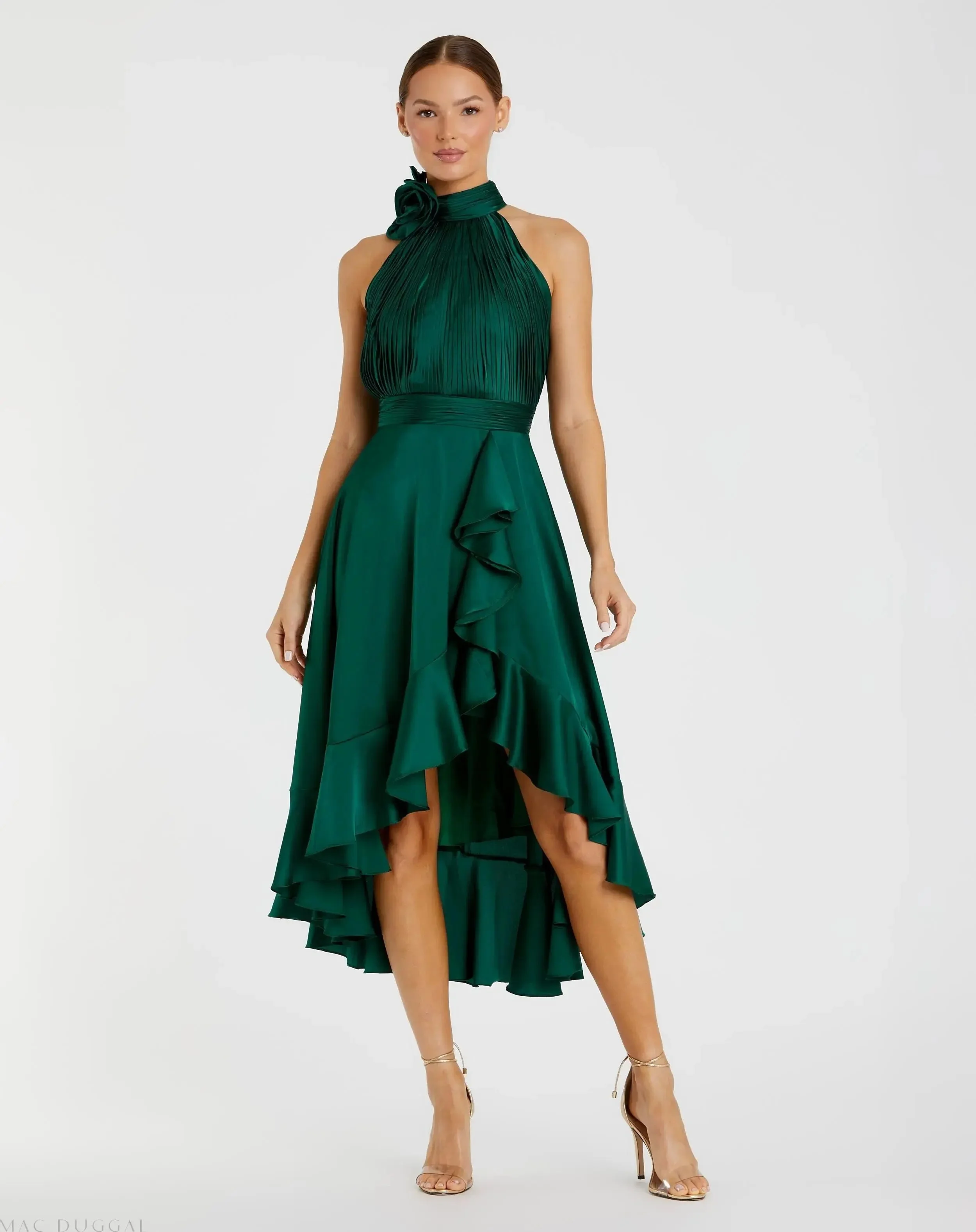Green Halter Neck Flower Detail Ruffled Midi Dress - 1