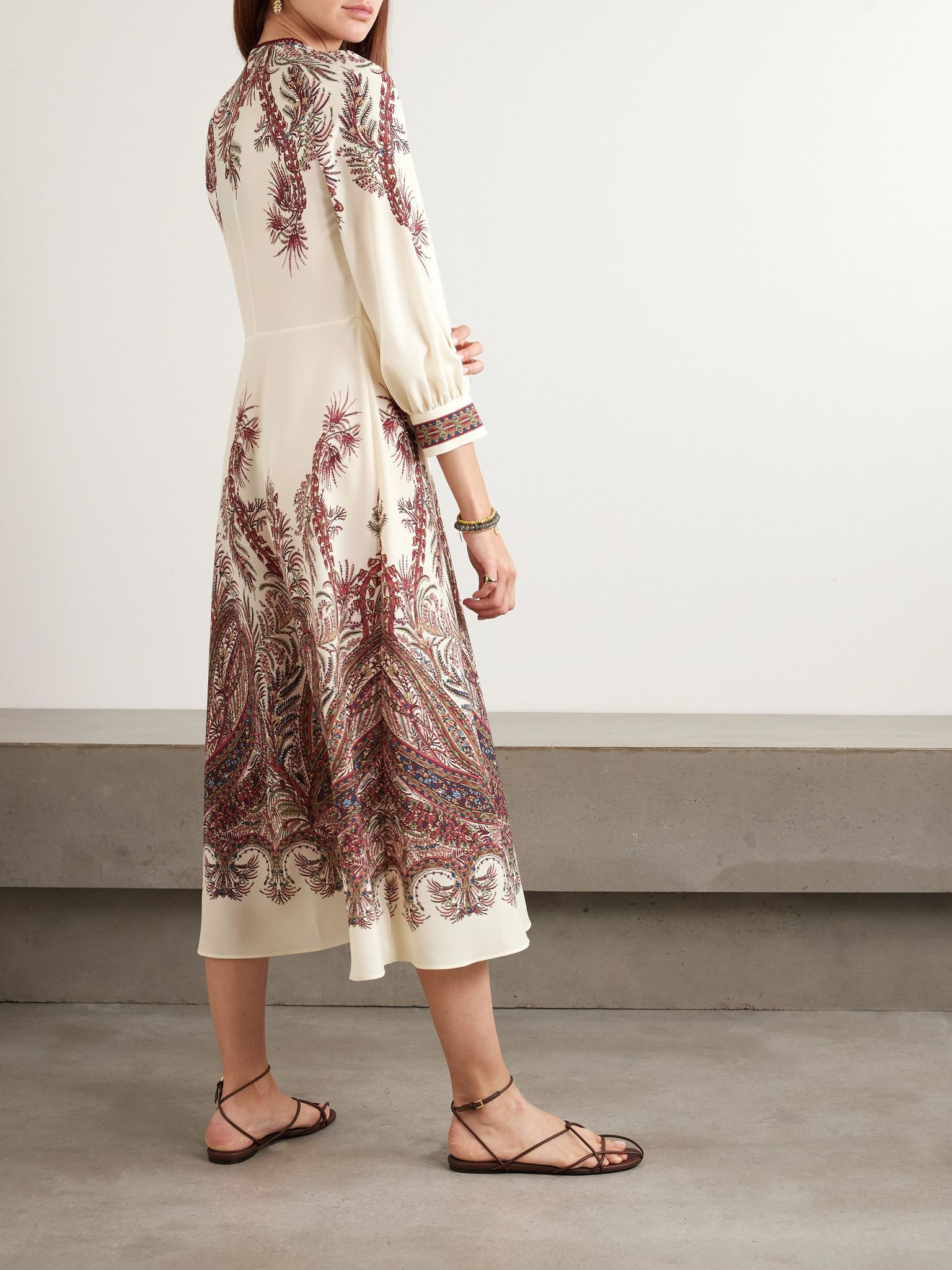 Picot-trimmed paisley-print crepe midi shirt dress Cream - 3
