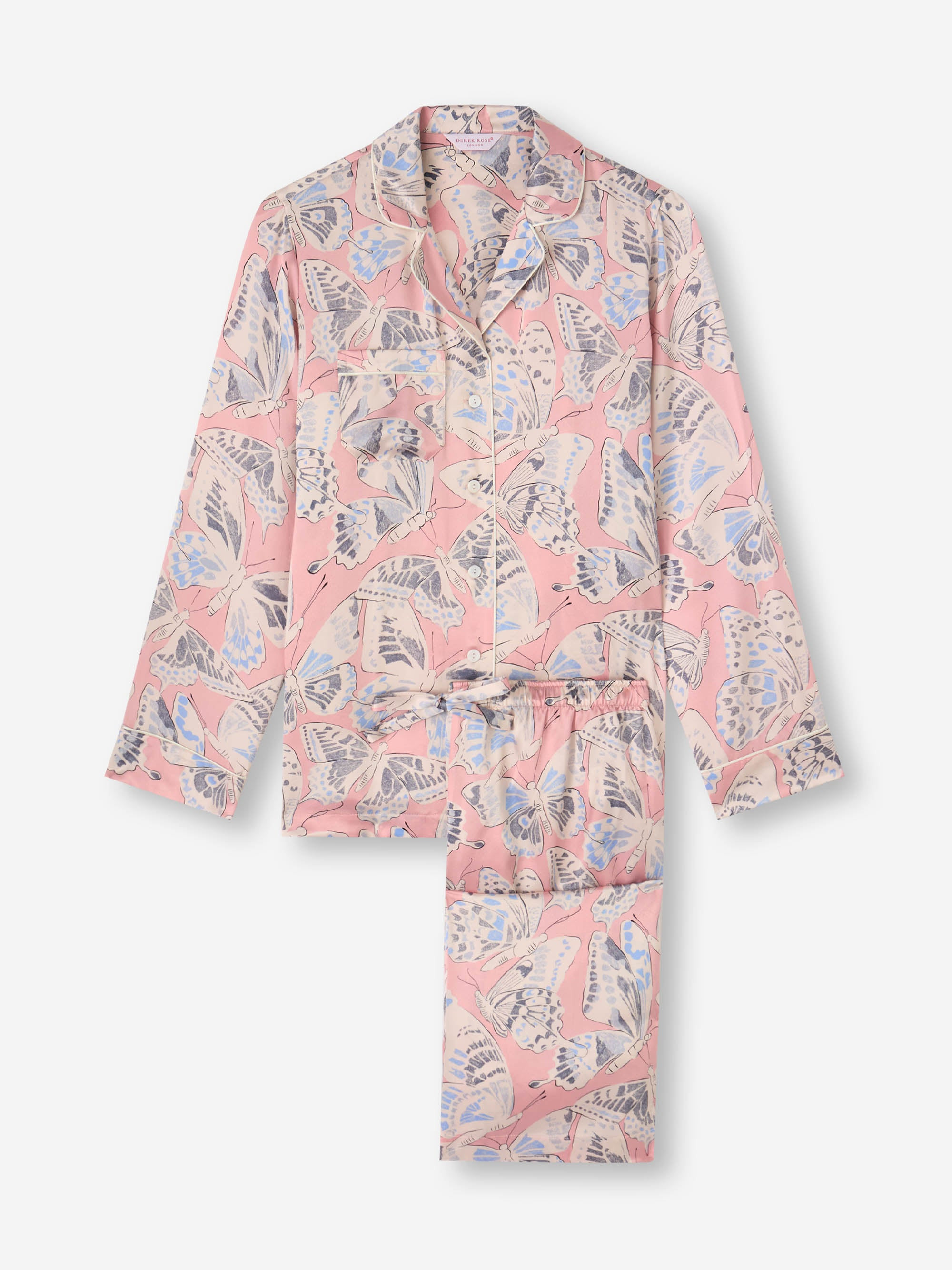 Women's Silk Pajamas Pink Multicolor Butterfly Print - 3
