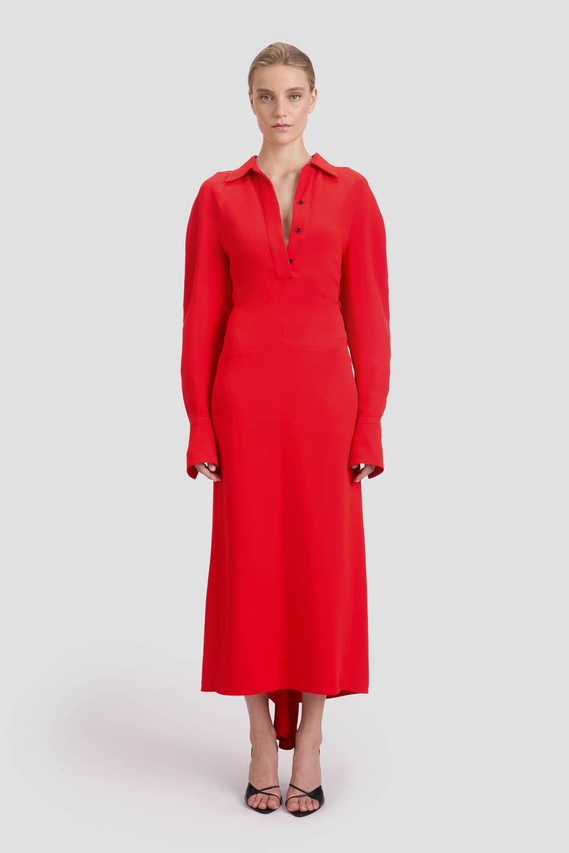 Victoria Beckham Long Sleeve Polo Collar Midi Dress In Tomato Red outlook