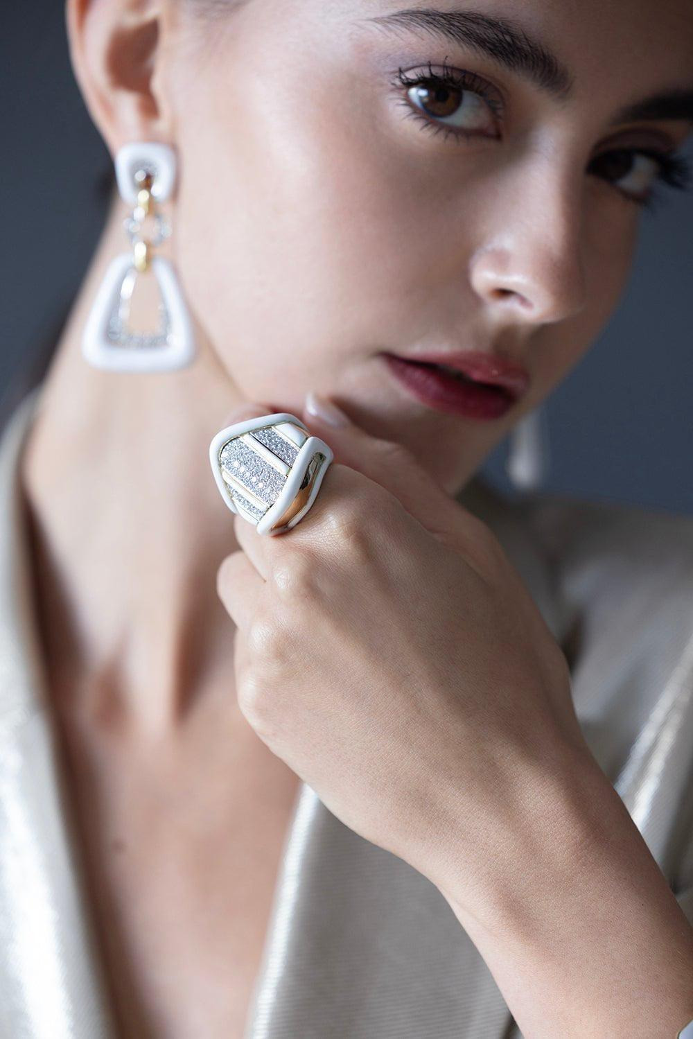 White Enamel and Diamond Ring - 6