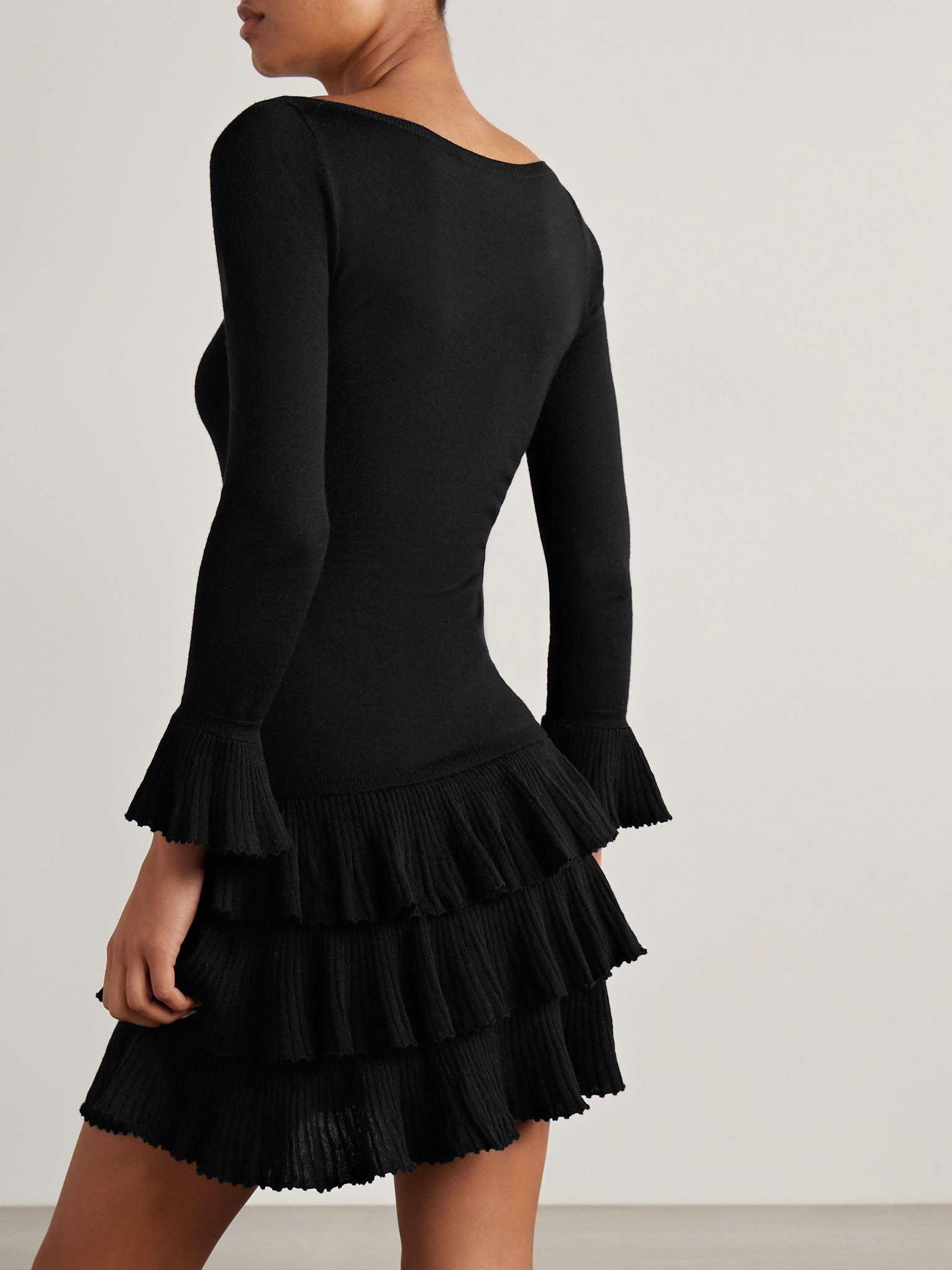 Amelina tiered ruffled merino wool mini dress Black - 3
