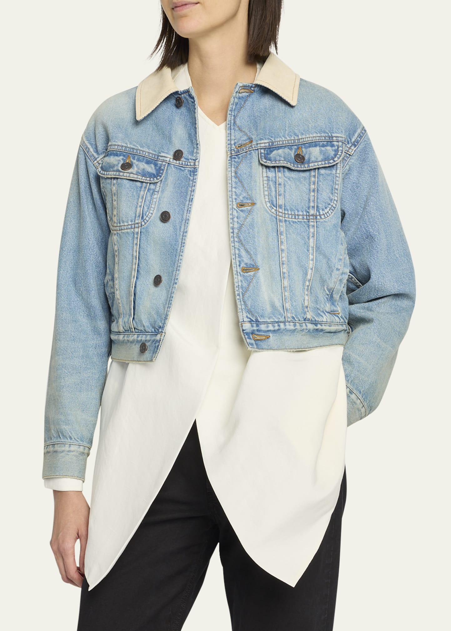 Joras Crop Denim Jacket with Corduroy Collar - 4
