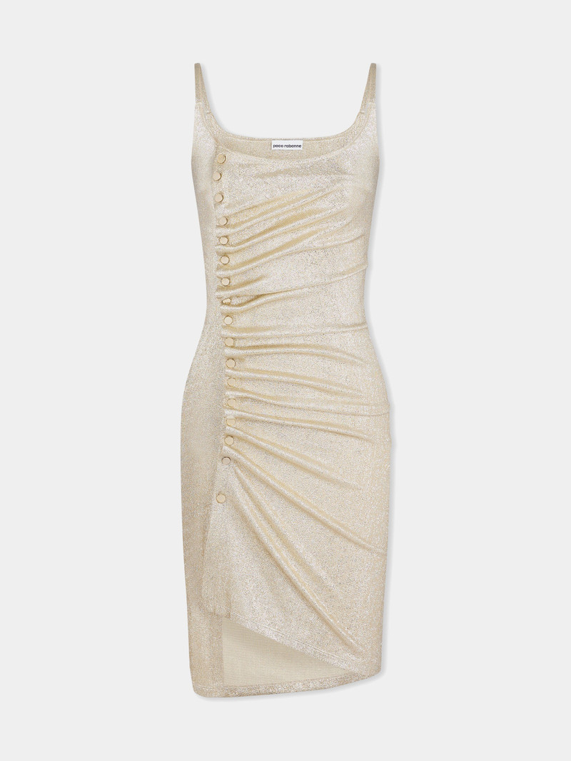GOLD SLEEVELESS DRAPÉ PRESSION MINI DRESS 1