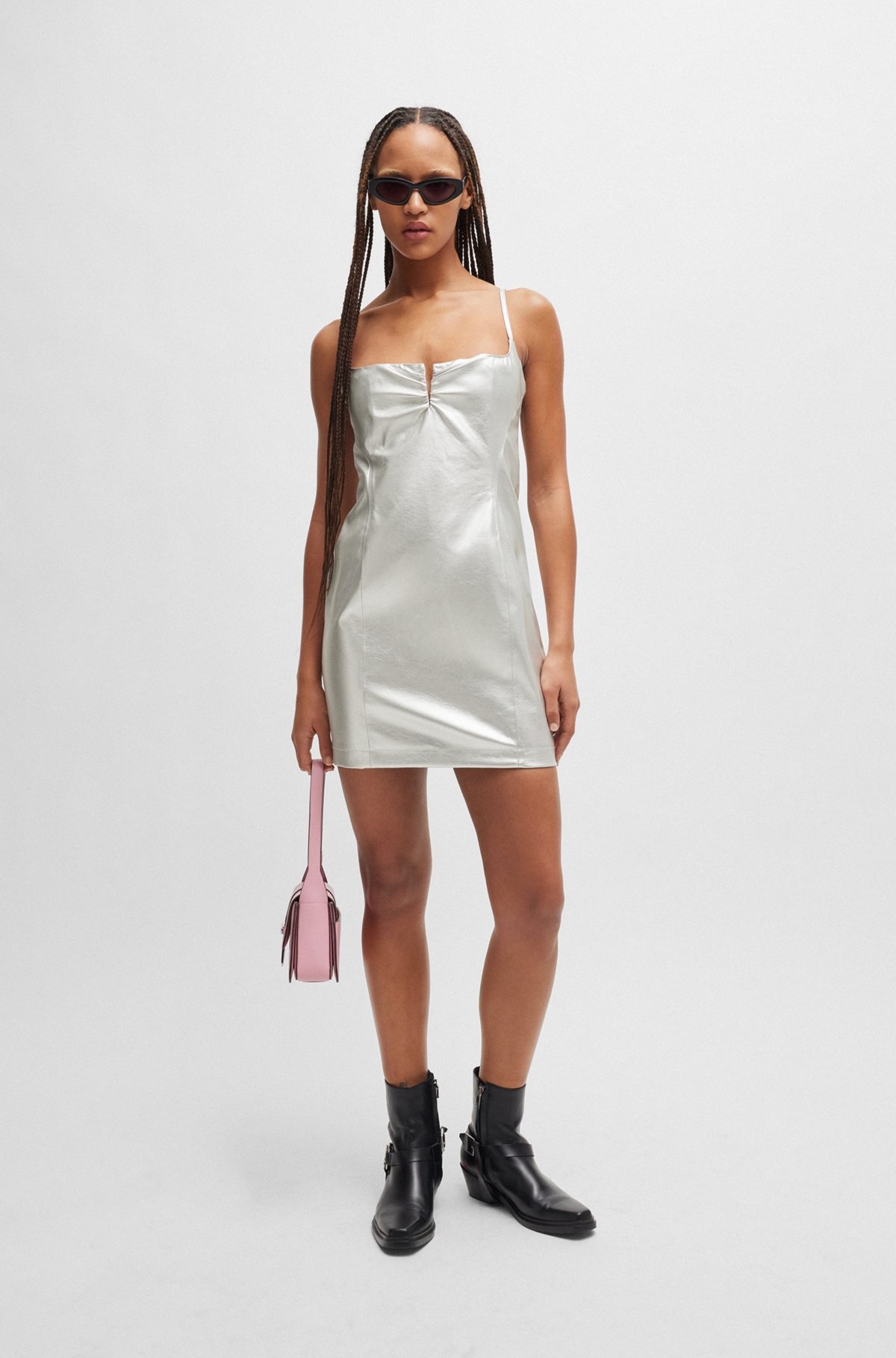 METALLIC FAUX-LEATHER MINI DRESS WITH NOTCH NECKLINE - 2