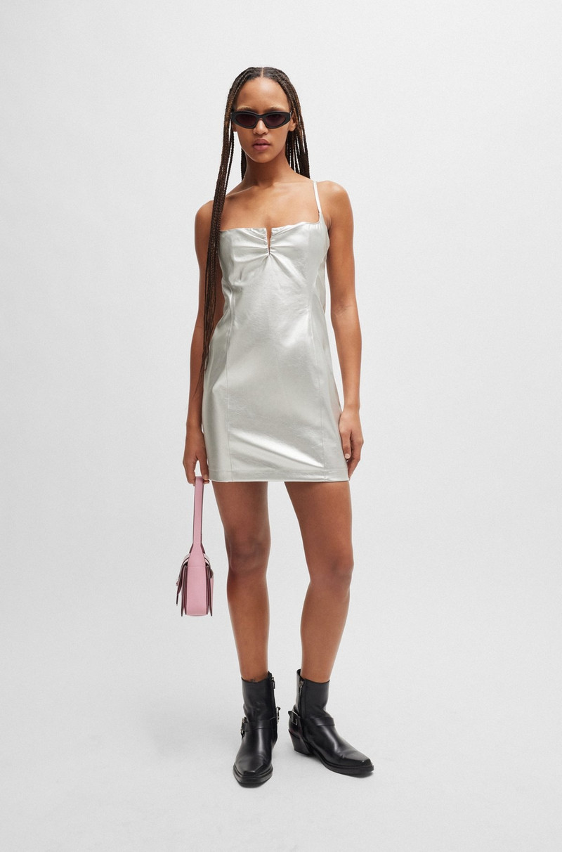 HUGO METALLIC FAUX-LEATHER MINI DRESS WITH NOTCH NECKLINE outlook