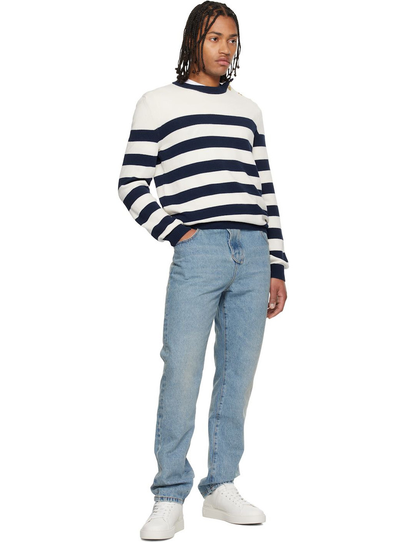 Balmain White & Navy Buttoned Marinière Knit Sweater outlook