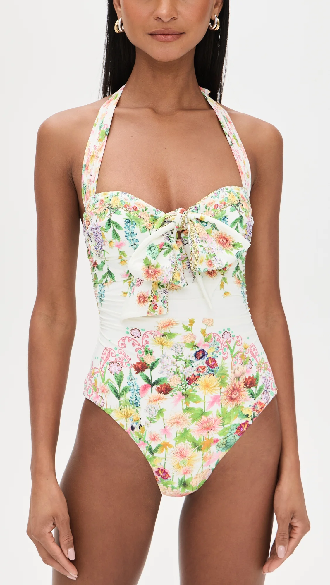 Bow Tie Gathered Underwire Halter One Piece - 1