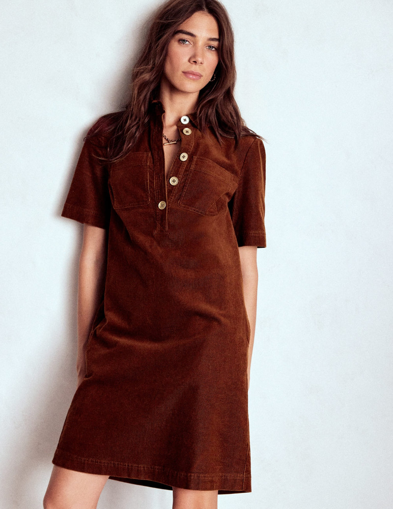 Zia Cord Pocket Shirt Dress-Copper Brown 5