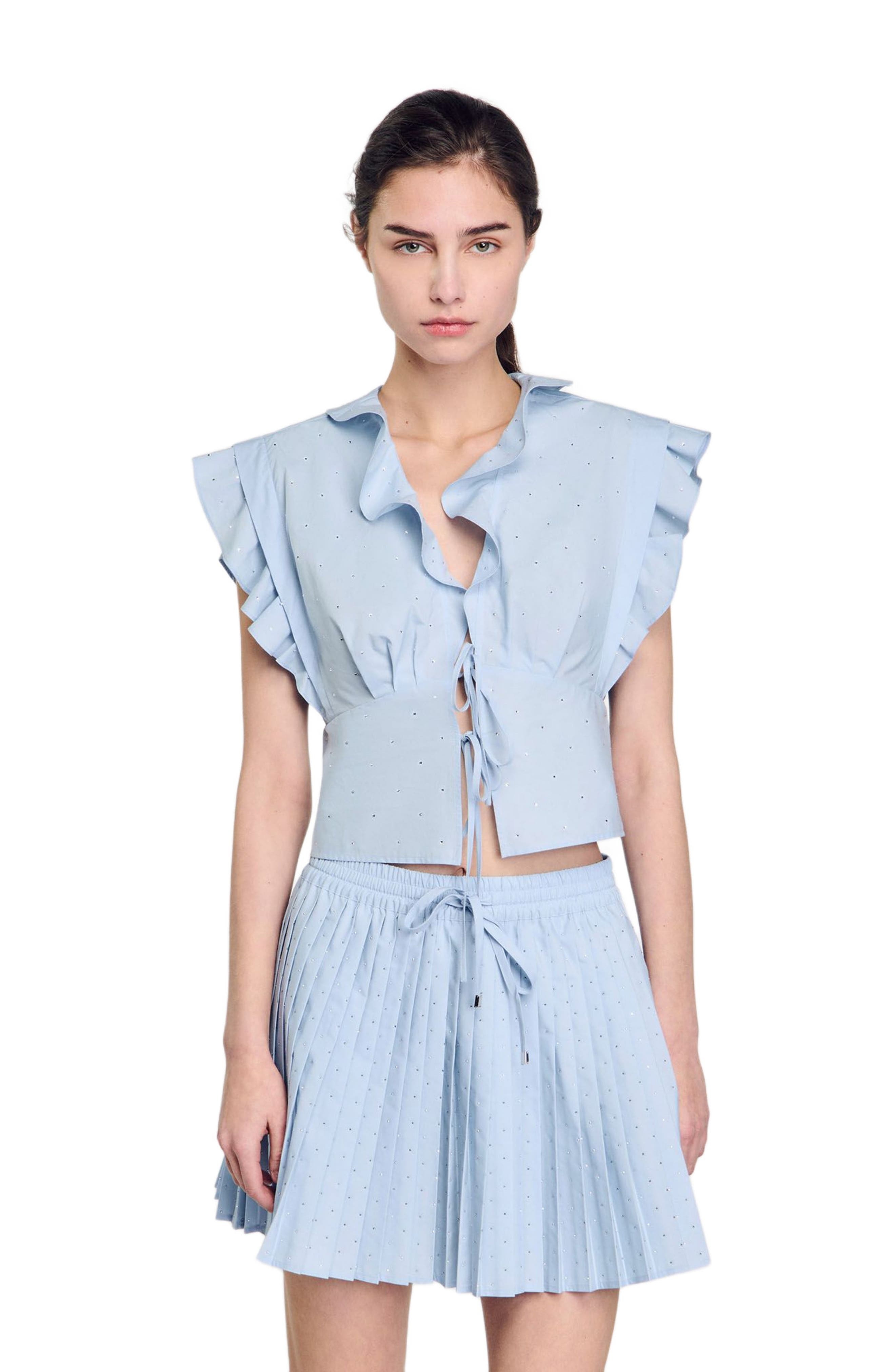 SANDRO Rhinestone ruffle top in Sky Blue at Nordstrom - 1