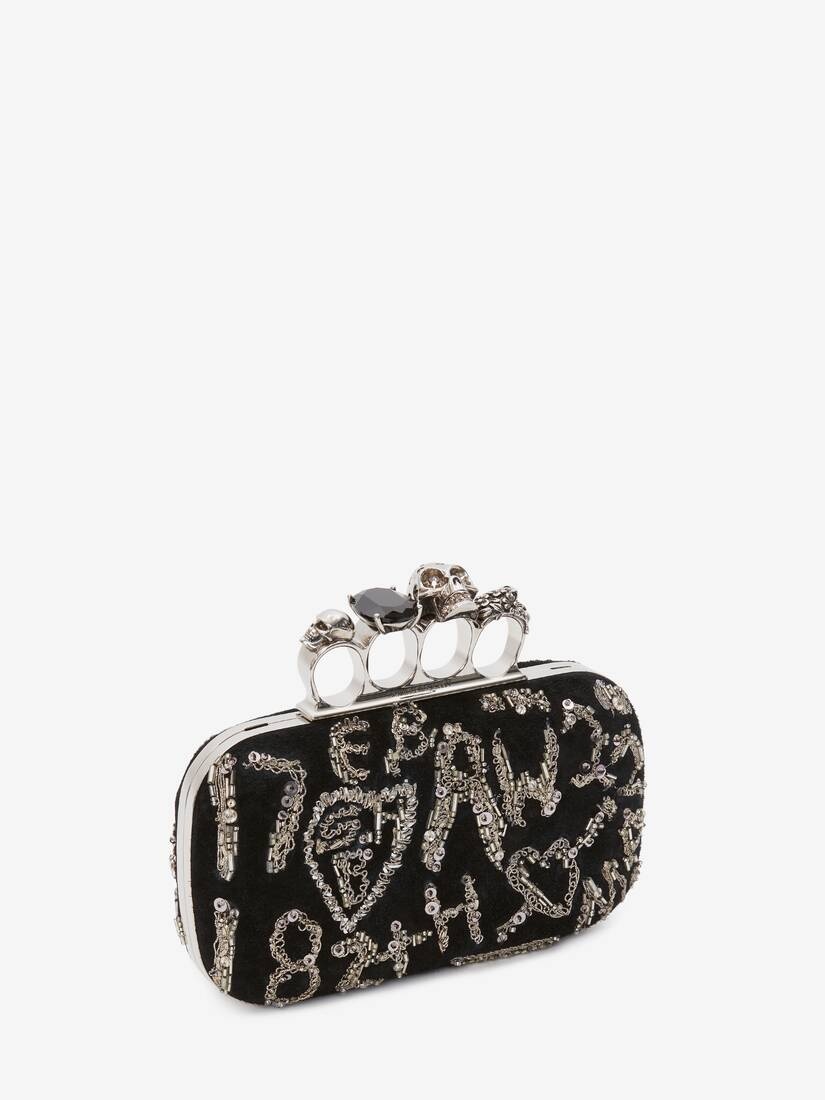 Skull Four Ring Clutch With Chain in Black - 2