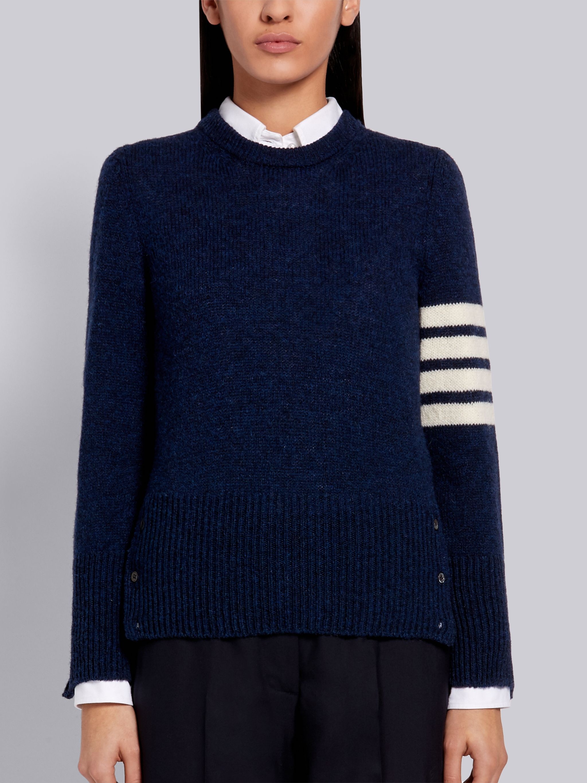 Navy Shetland Wool Jersey Classic Crewneck 4-Bar Pullover - 1