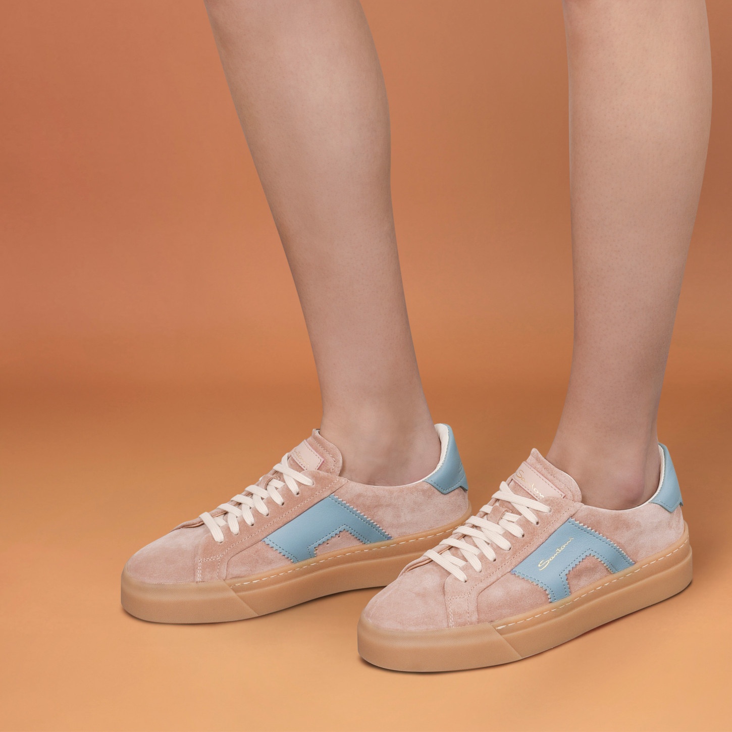 Women's pink and light blue suede and leather double buckle sneaker - 2