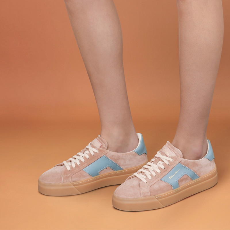 Santoni Women's pink and light blue suede and leather double buckle sneaker outlook