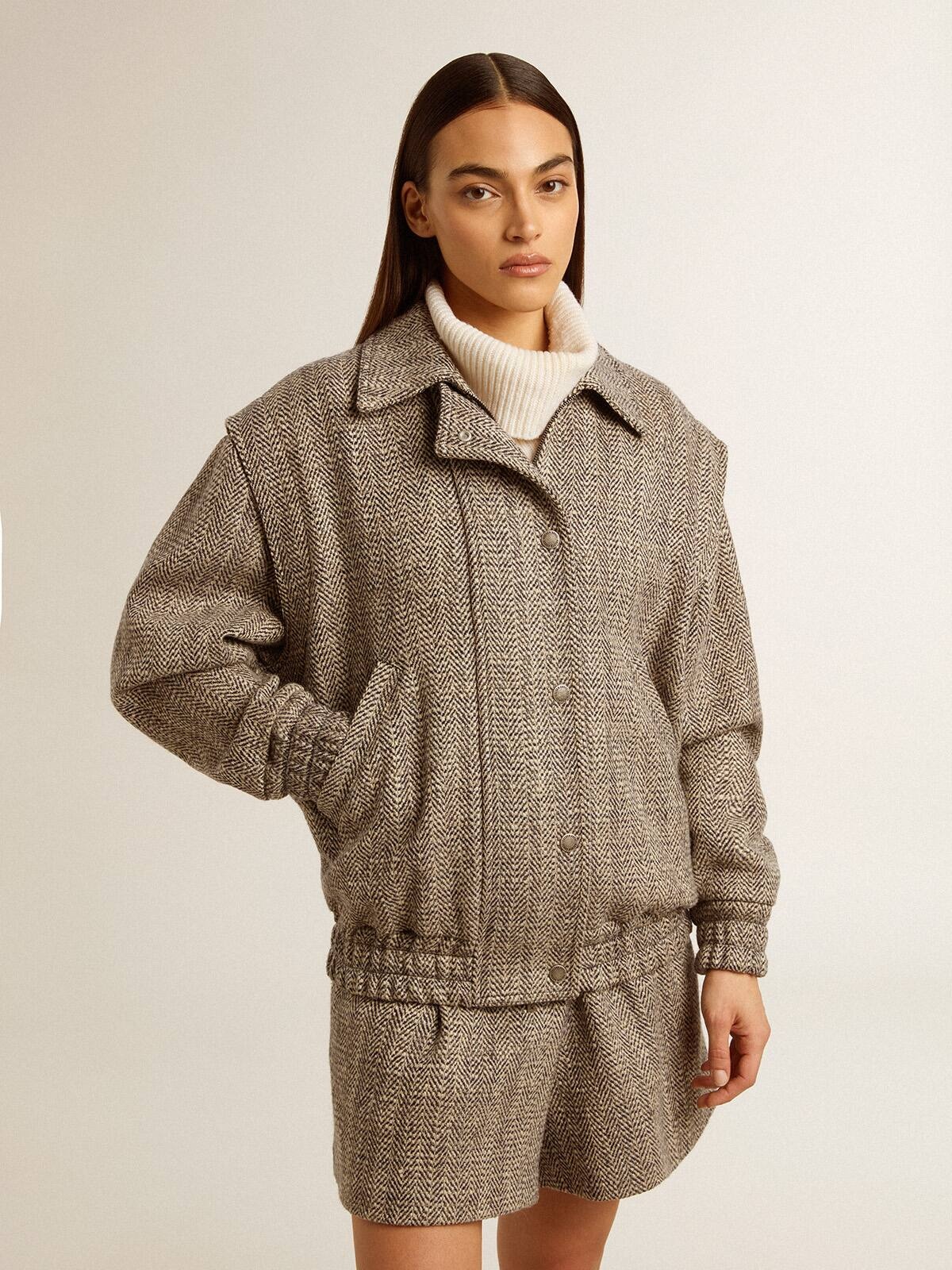 Women's bomber jacket in ecru brown herringbone wool - 3
