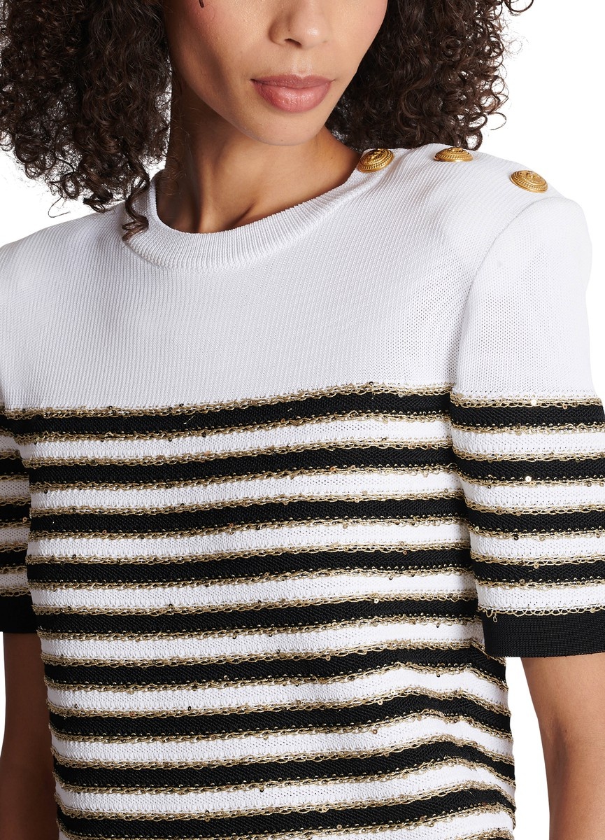 Knit sweater | Tailored fit | Ribbed | Round neck | Short sleeves | Shoulder buttoned closure | Stri - 3