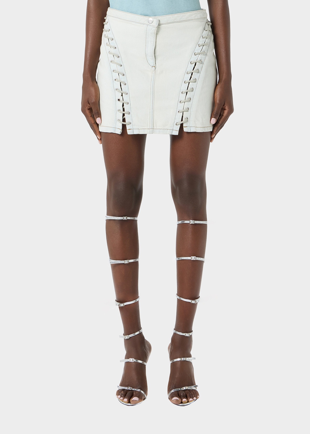 DENIM MINI SKIRT WITH EYELETS AND STRAPS - 3