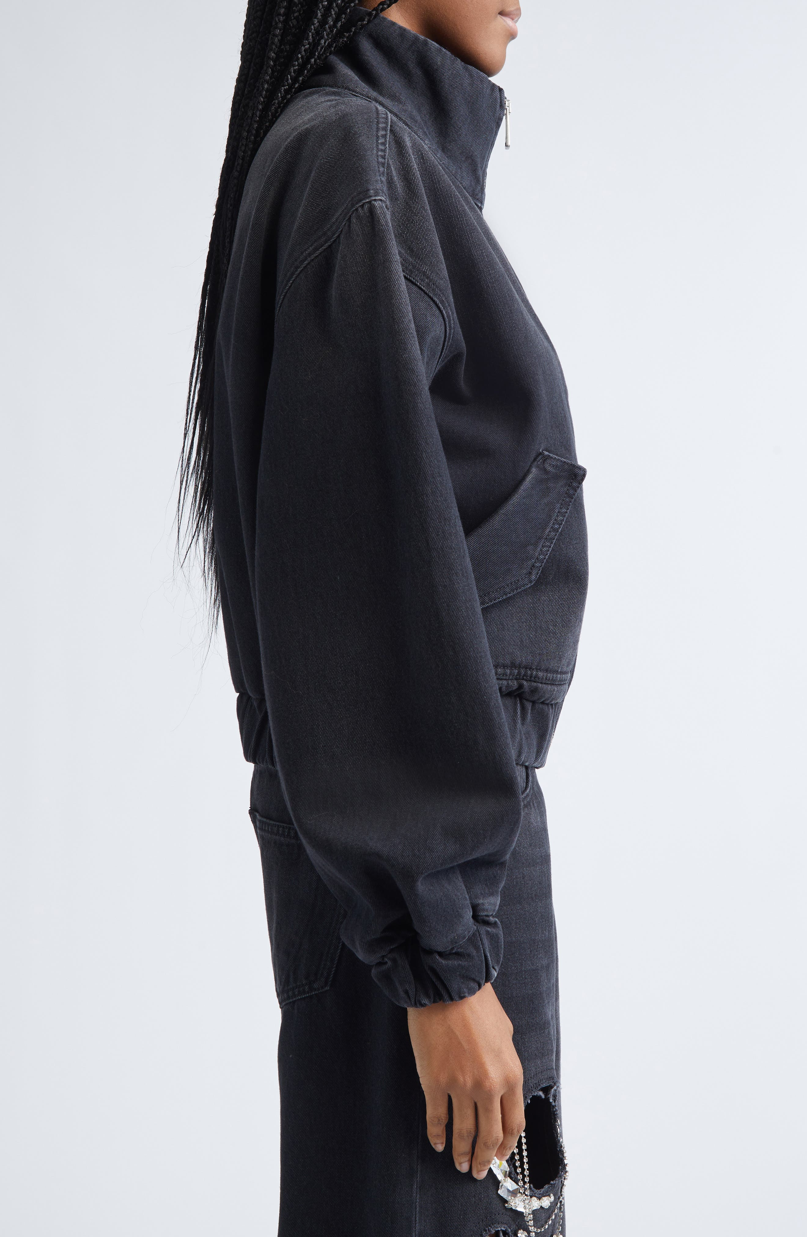 Area Crystal Chain Cutout Denim Bomber Jacket in Washed Black at Nordstrom - 3