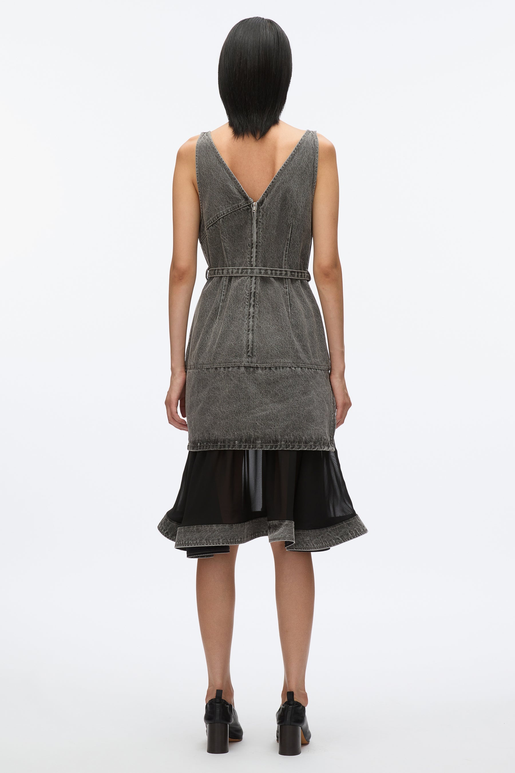 Denim V Neck Dress with Chiffon Hem - 4