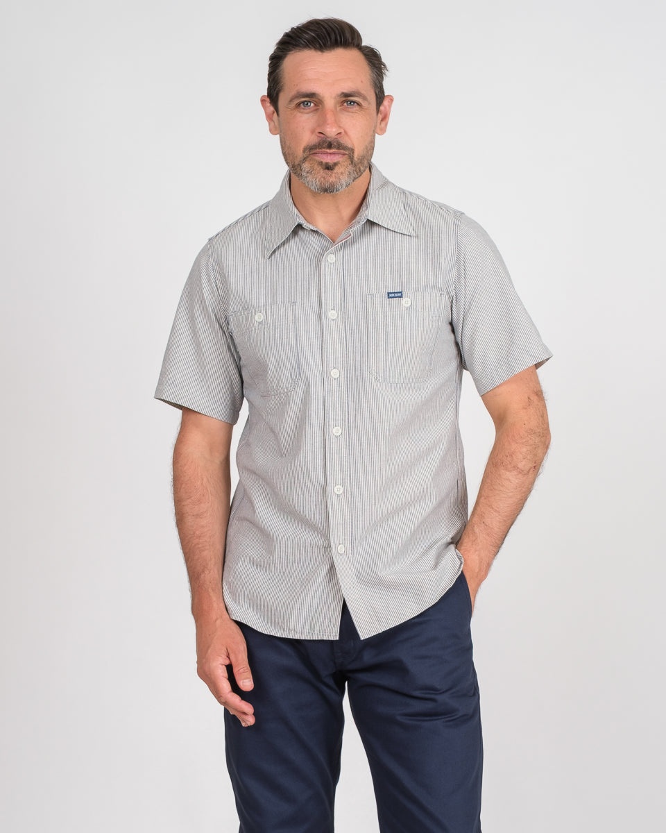 5OZ SELVEDGE OX CLOTH SHORT SLEEVED WORK SHIRT - HICKORY STRIPE - 2